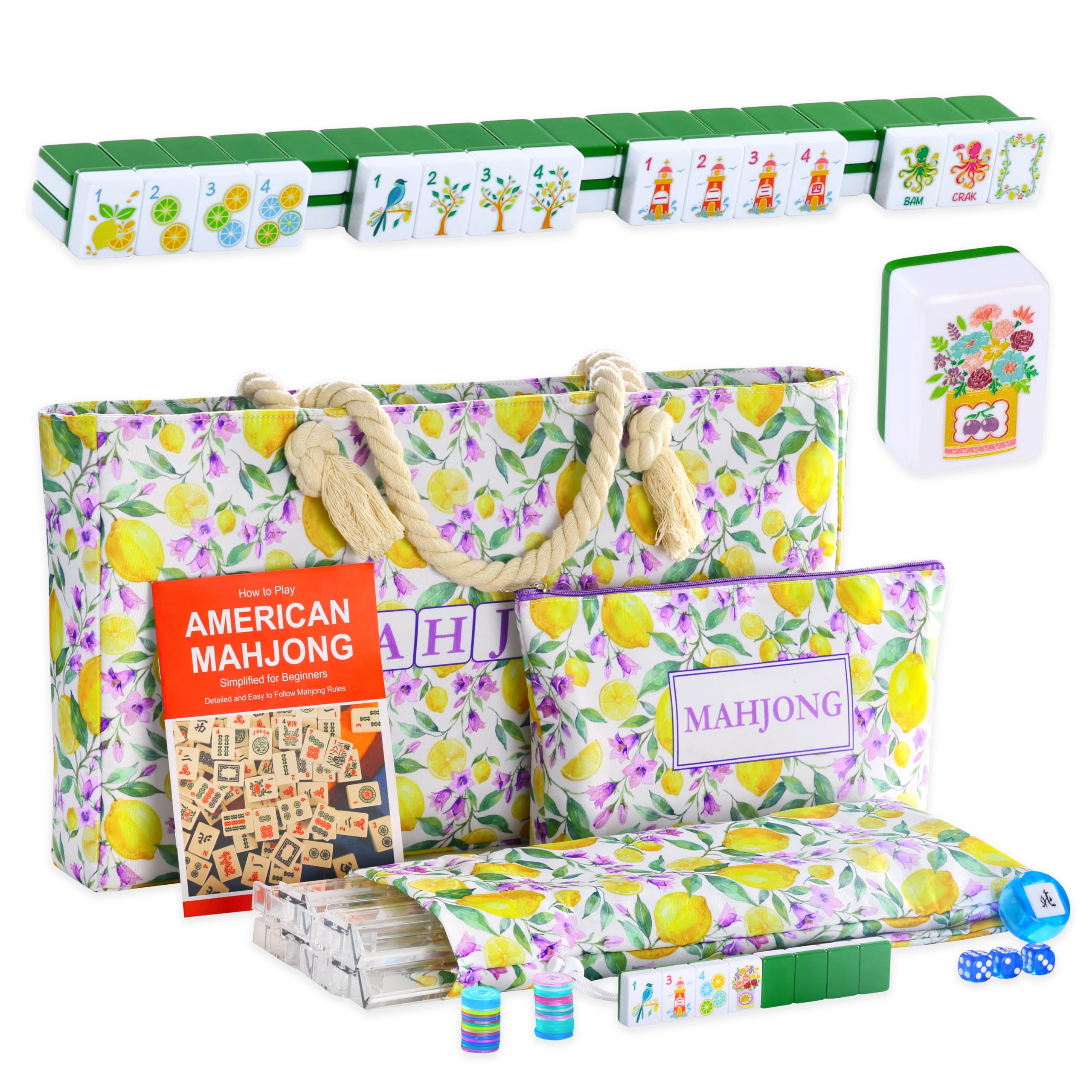 Lemon Themed American Mahjong Tile Set,160 Green Melamine Engraved Tiles