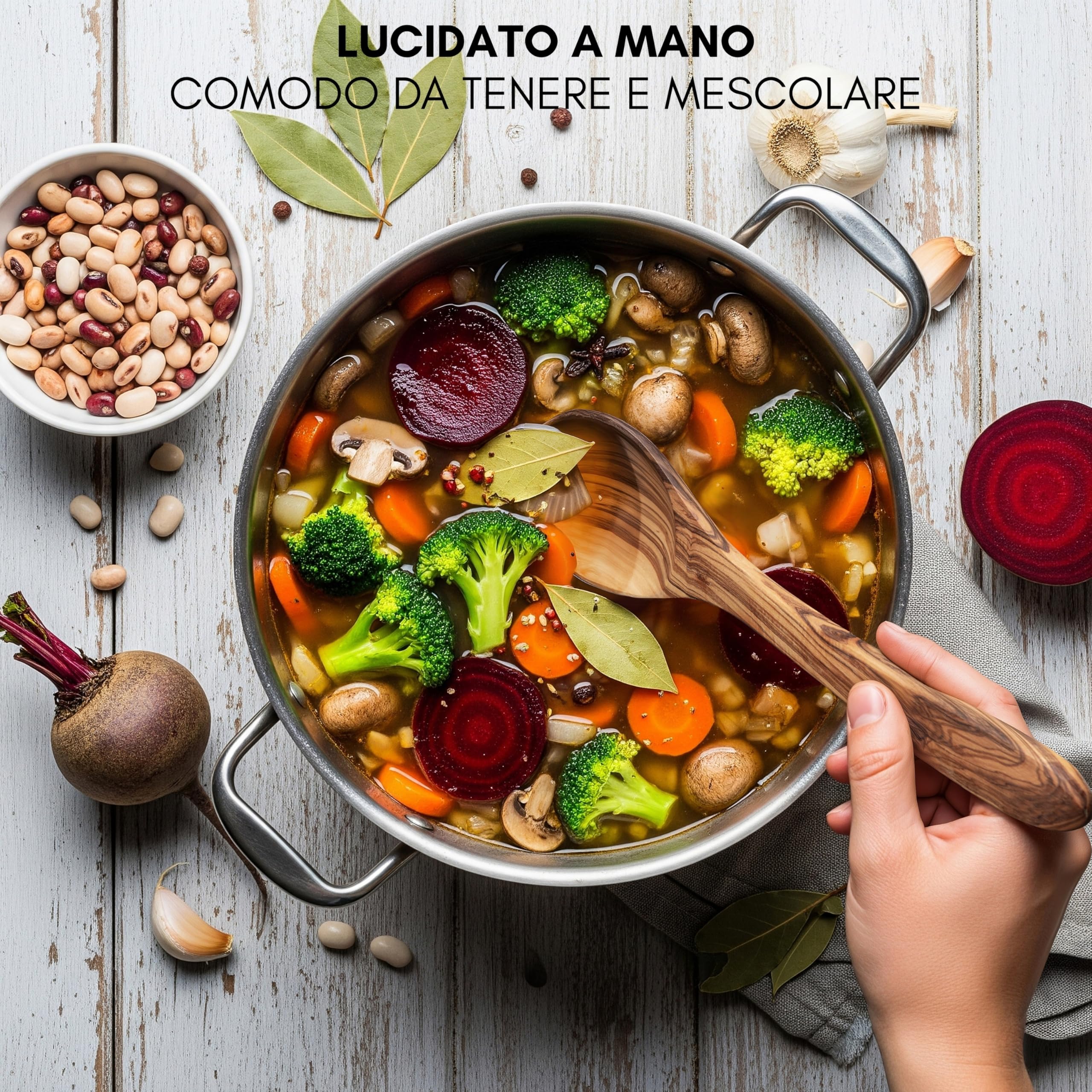 Erreke Set Utensili Cucina Legno, Realizzati a Mano in Ulivo Mediterraneo, Set Mestoli Cucina Legno, Cucchiaio, Spatola, Mensolo, Resistenti al Calore e Durevoli, 4 Pezzi