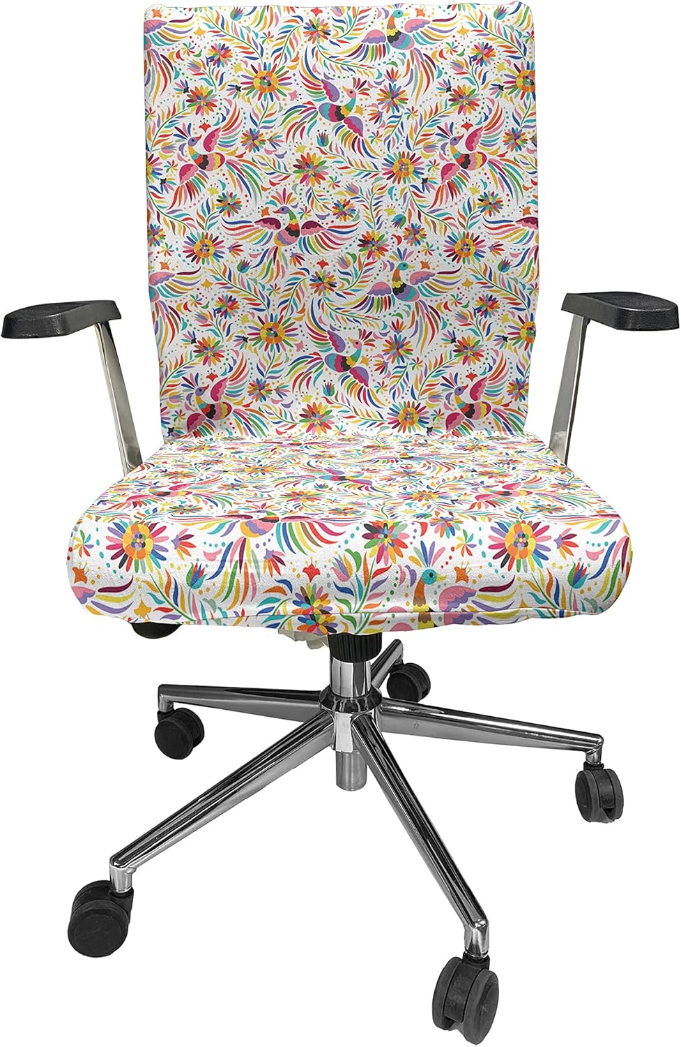 Ambesonne Mexican Office Chair Cover, Colorful Nature Inspired Pattern Birds Flowers Leaves and Dots Creativity, Stretchable Decorative Universal Size High Back Printed Slipcover, Red Cream