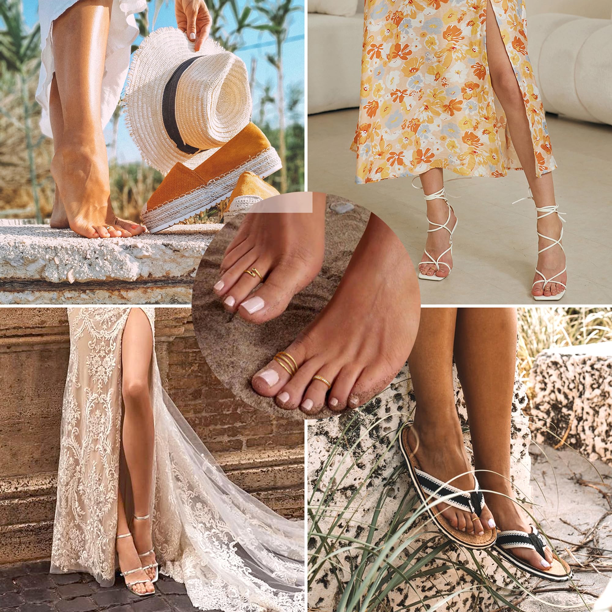 Morfetto Anillos de Dedo del Pie Rellenos de Oro de 14K para Mujer, Anillos de Meñique Abiertos Ajustables, Banda Enorme CZ, Anillos de Oro de Tres Filas, Joyería para Pies