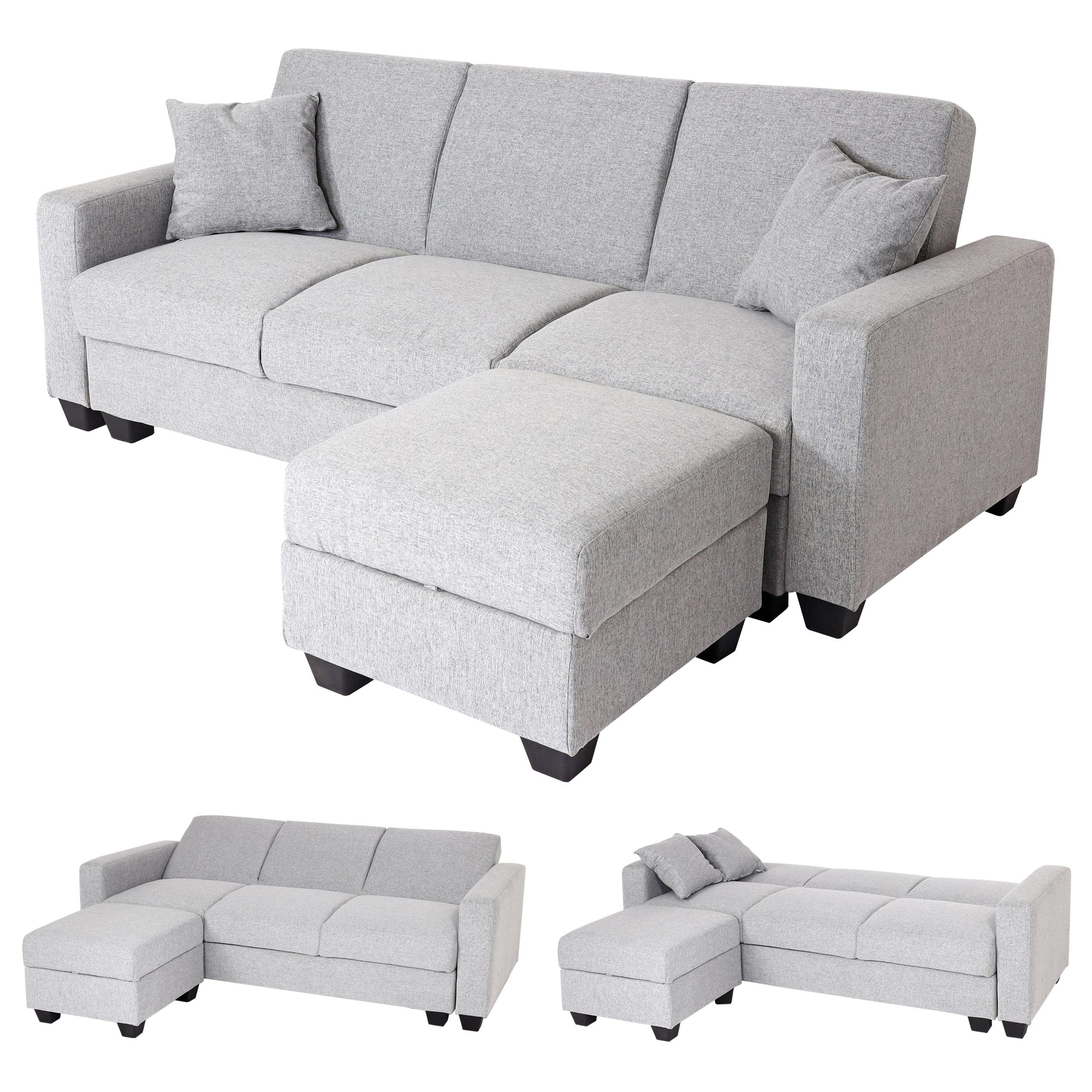 Mendler Sofa HWC-H47 mit Ottomane 217x145cm - Stoff/Textil hellgrau