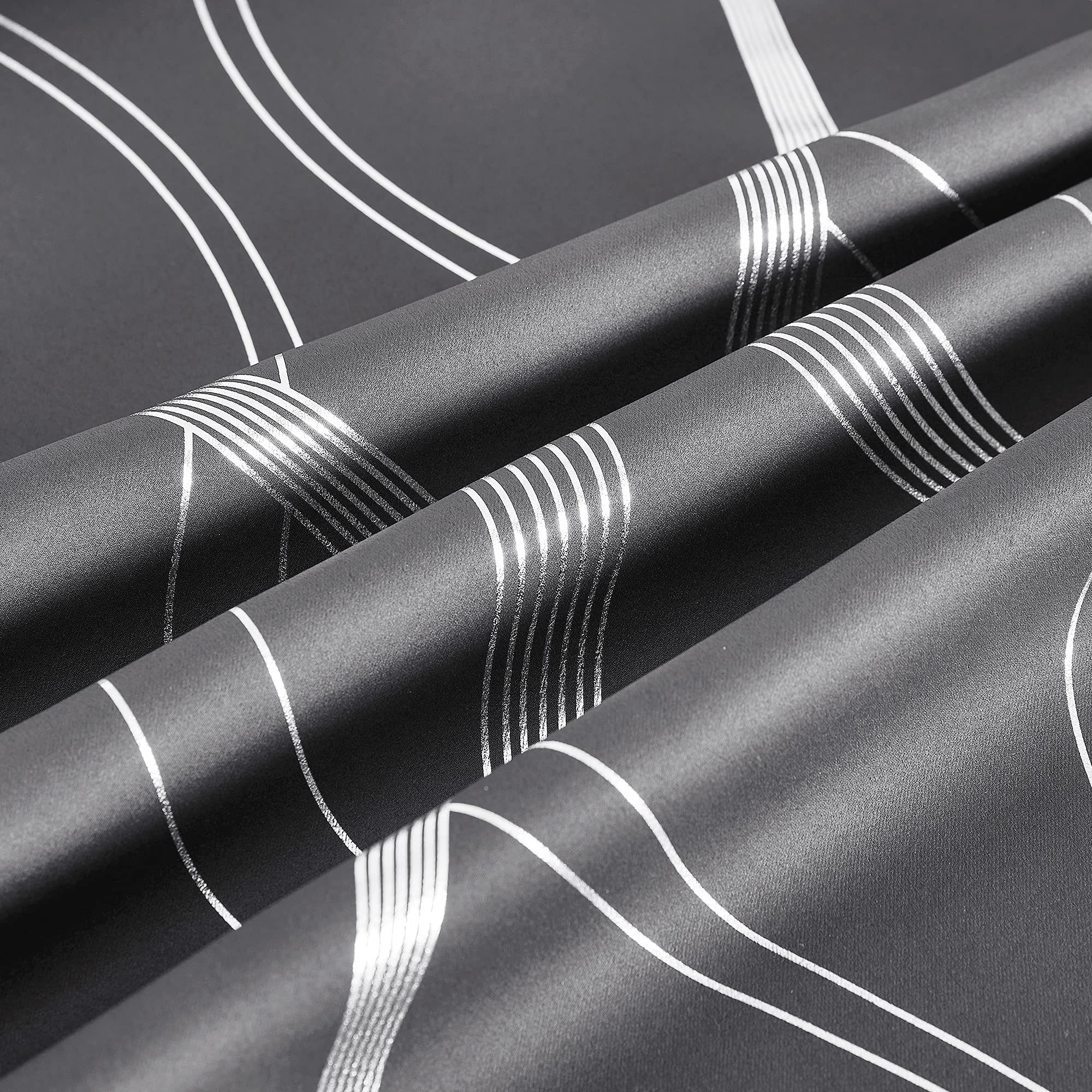 PONY DANCE Blackout Curtains, Grey, W46 x L84 Inch, Silver Wave Line Foil Printed, Thermal Insulated, Eyelet - Image 4