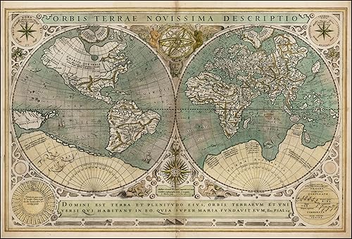 Mapa artístico vintage del viejo mundo (náutico) - 7 x 5 pulgadas Orbis Terrae Novissima Descriptio | Decoración de pared para el hogar, globo,