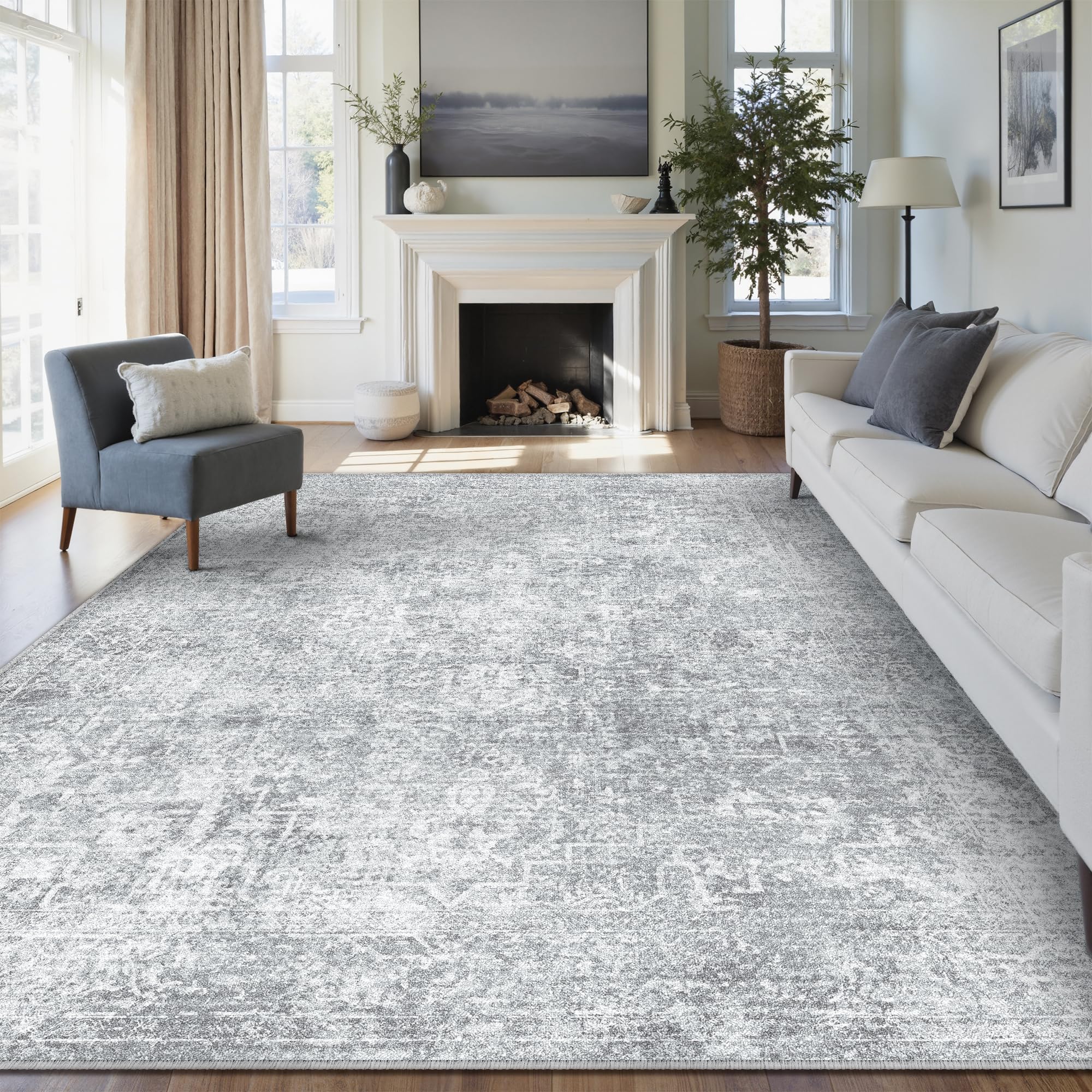 PureCozy 9x12 Area Rug Washable Vintage Living Room Carpet Large Indoor Non Slip Grey Bedroom Distressed Low Pile Retro Accent Throw Rug for Dining