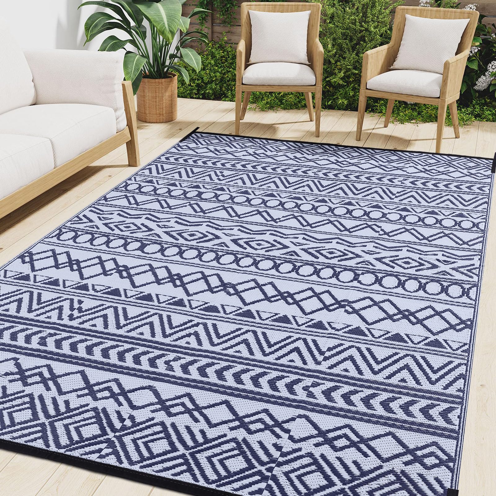 smiry Outdoor Rug for Patios Waterproof, Anti-slip Reversible Garden Rugs Plastic Straw Carpet UV Resistant Area Rugs for Camping, Deck, Picnic, Backyard(180 X 270 cm, Navy Blue & White)