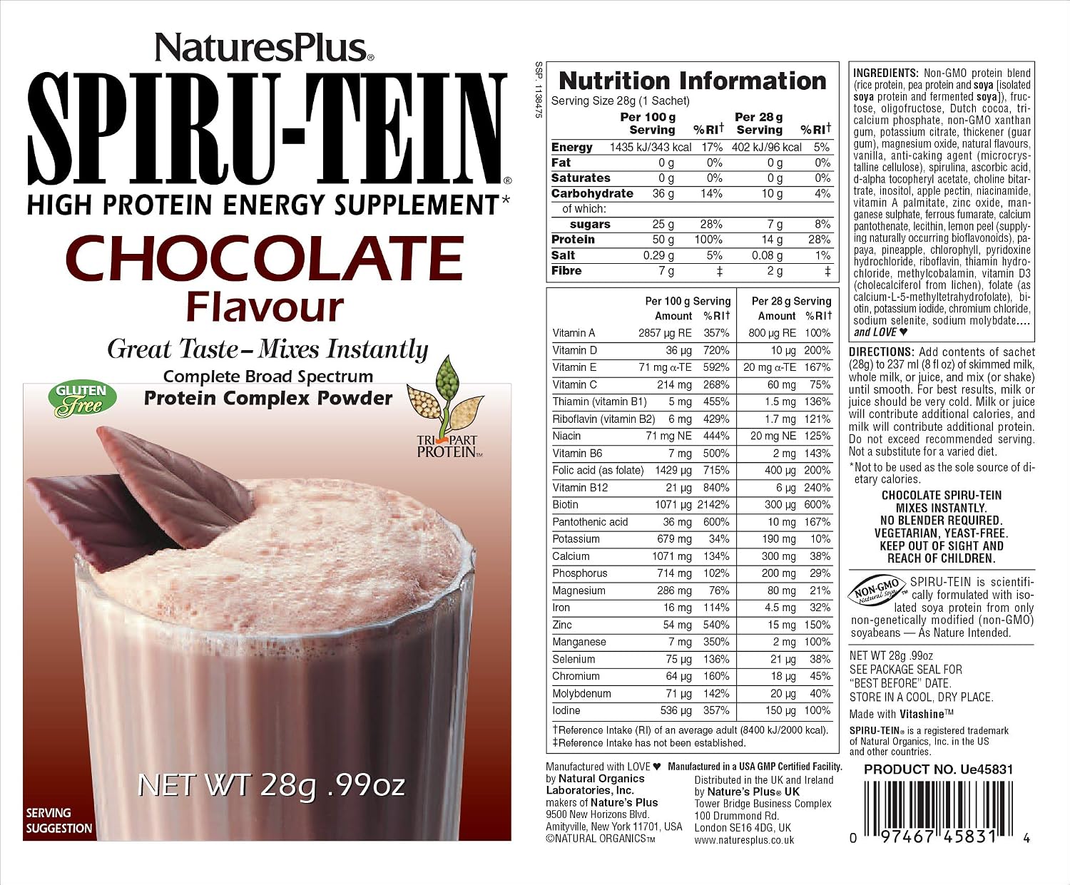 NaturesPlus SPIRU-TEIN Shake - Chocolate - 8 Packets, Spirulina Protein Powder - Plant Based Meal Replacement, Vitamins & Minerals for Energy - Vegetarian, Gluten-Free - 8 Servings