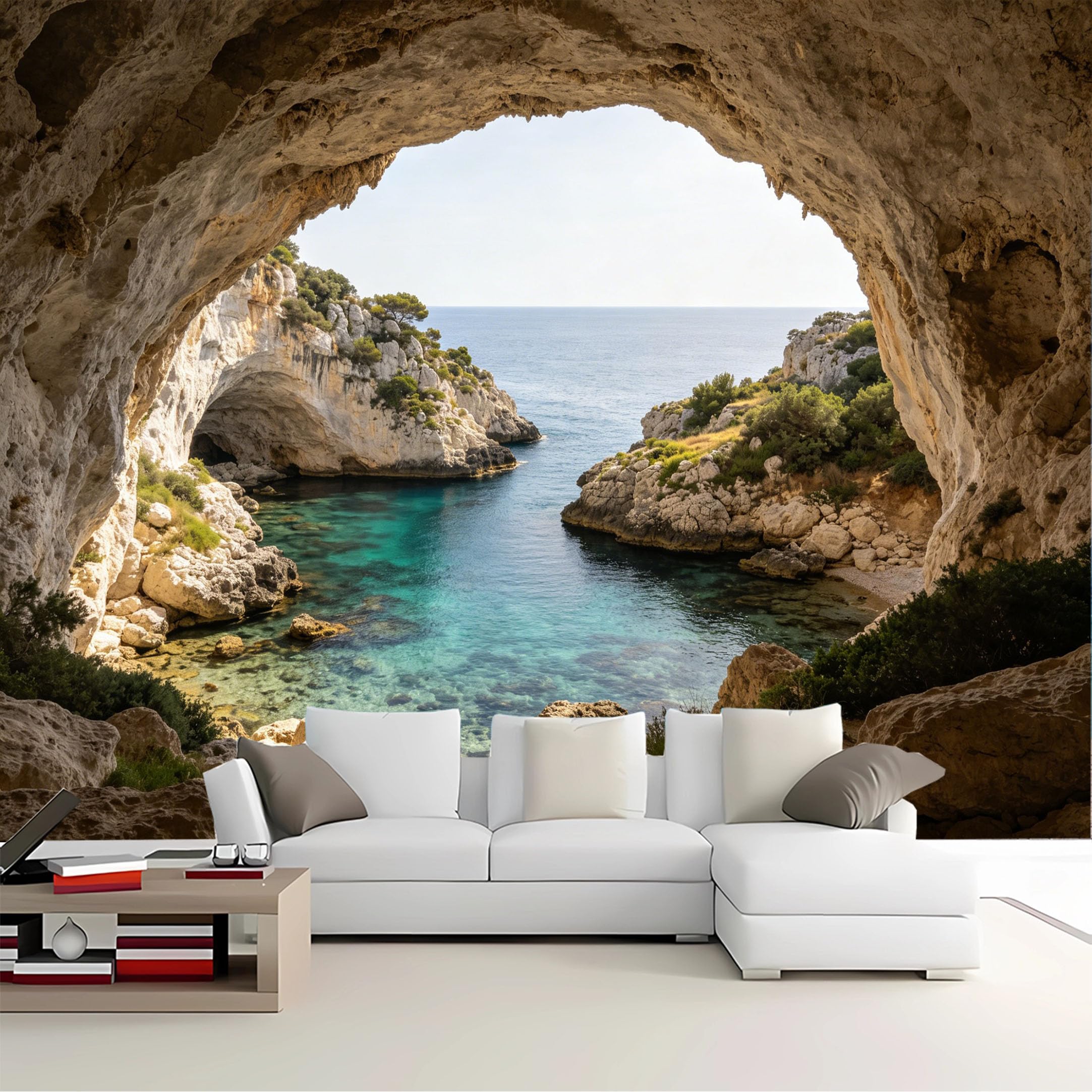 Custom Size Wall Mural Cave View Turquoise Cove Removable Self Adhesive Peel and Stick Wallpaper for Bedroom Living Room Dining Room