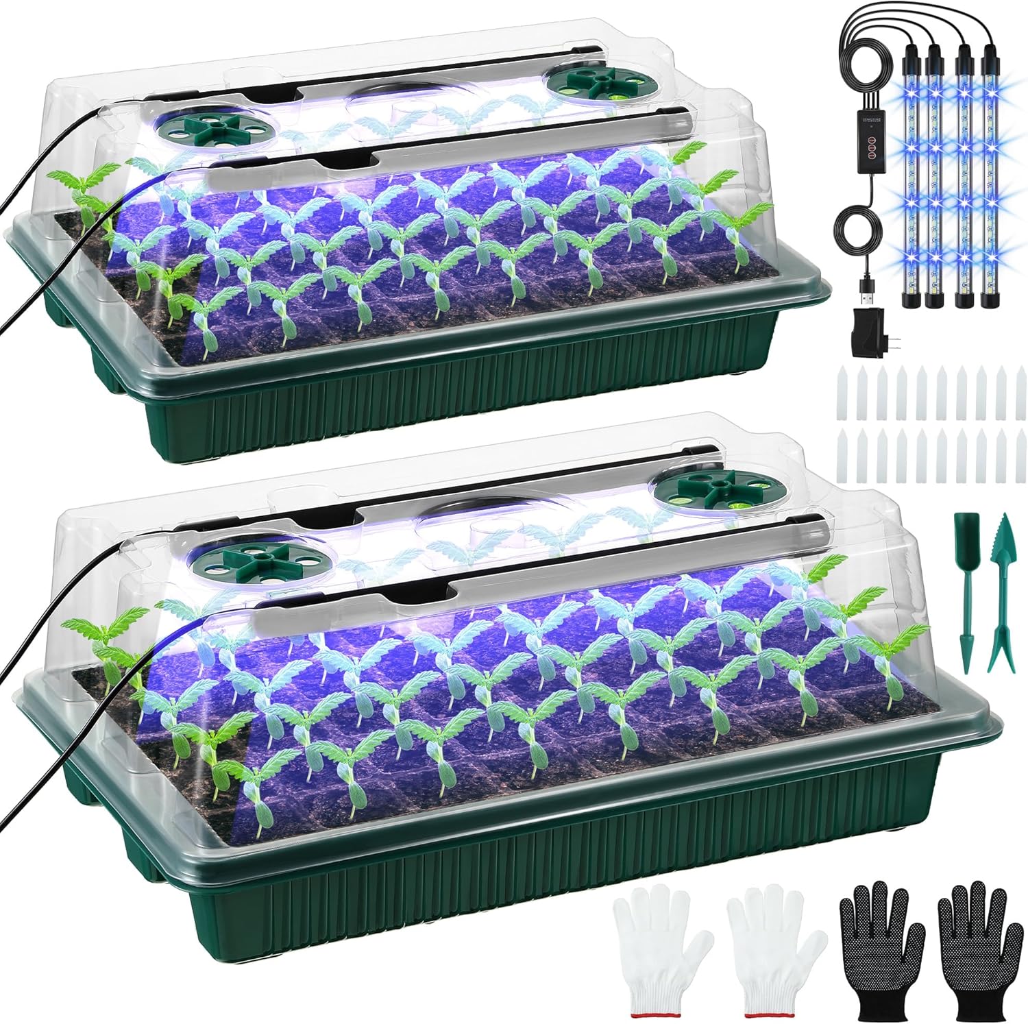 Saillong 2 Pack Seed Starter Tray with Grow Light, 80 Cells Indoor Greenhouse Kit, 360° Full Spectrum LED, Smart Timer, 5 Brightness Levels Indoor Plant Starter Kit for Home Gardeners