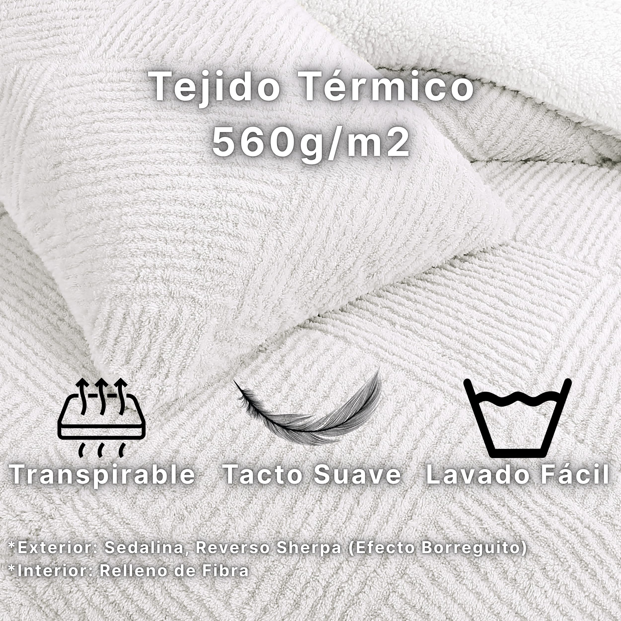 NH NOVOTEXTIL HOGAR Edredón Invierno Sherpa Cama 150 (250x260) Extra Grueso 560gr/m2 Efecto Borreguito - Edredón Suave, Cálido y Transpirable con 2 Fundas Almohada (50x70) (Belfast Blanco)