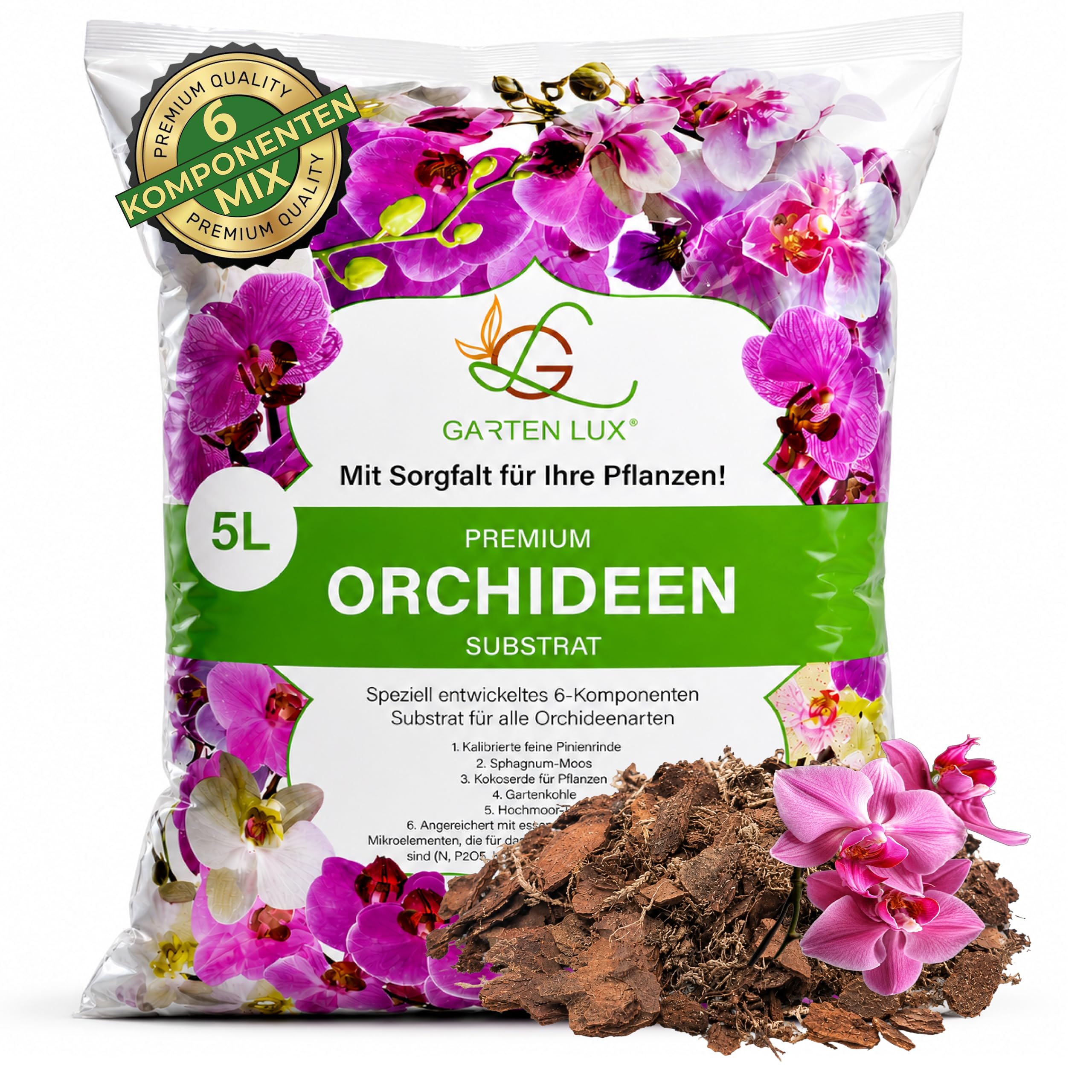 Garten Lux Premium ziemia do storczyków, 5 l, 6 komponentów, podłoże dla zdrowego wzrostu i optymalnej pielęgnacji roślin storczyków, idealne podłoże dla wszystkich rodzajów storczyków