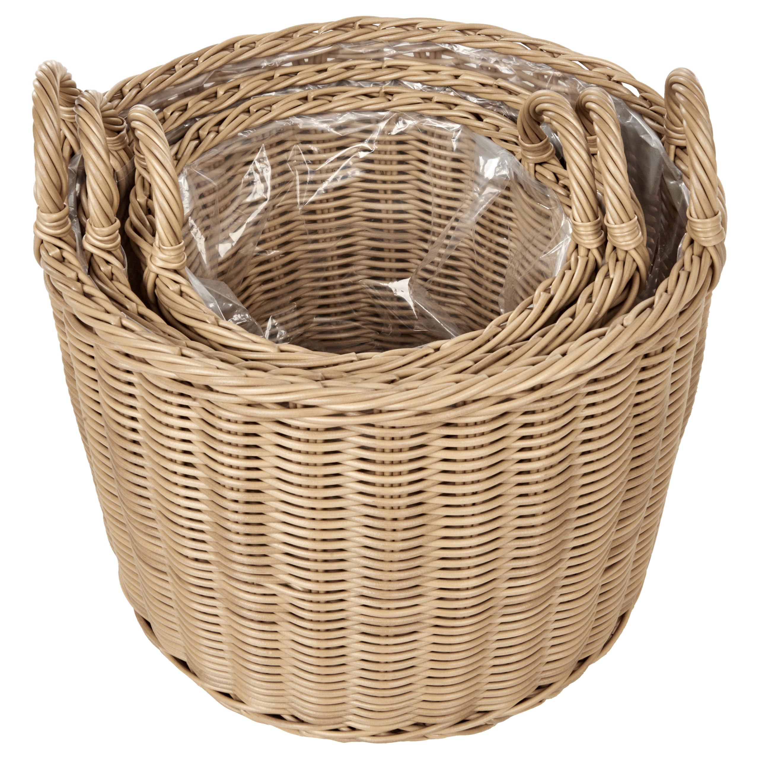 Blumenkorb Rattan natürlich 3er Set rund geflochten mit Folie Griffen Pendula