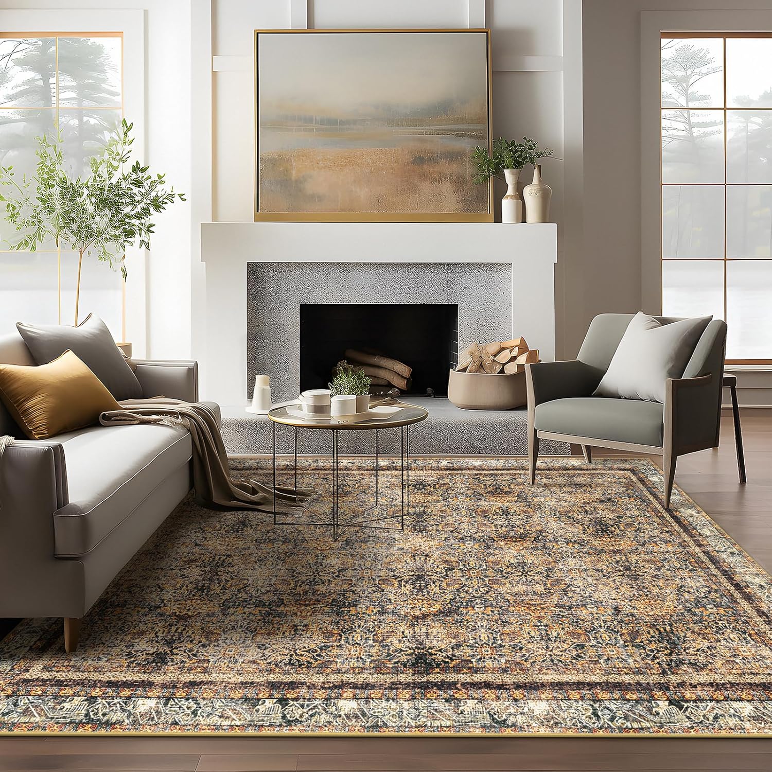 Phantoscope Vintage Collection Area Rug 6'x9' - Large Living Room Rug - Washable Rug Boho Rugs Non-Slip for Bedroom Dining Room, Low-Pile Floor Carpet Distressed Accent Rug, Dark Brown/Orange Spice