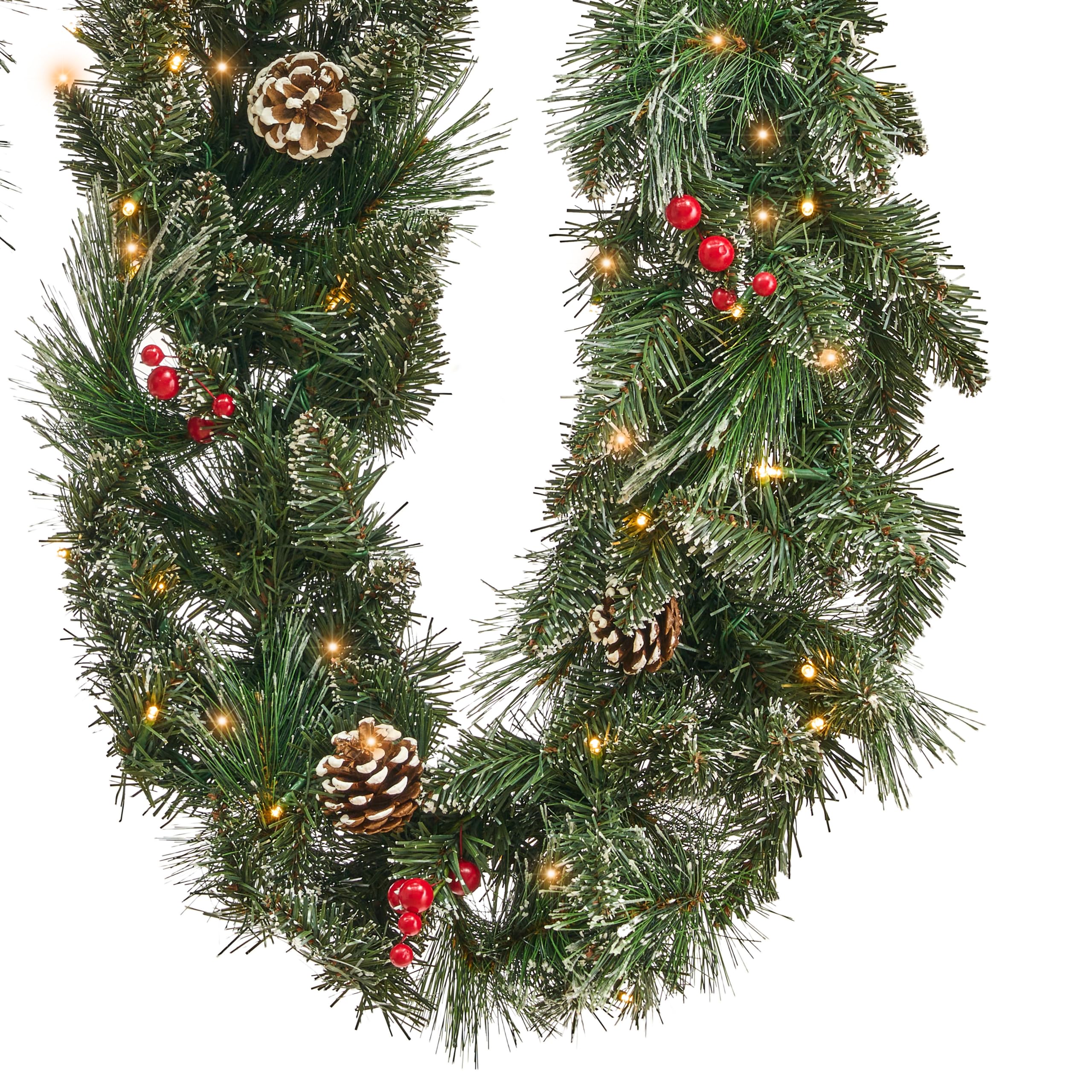 Künstliche Weihnachtsgirlande Grün mit LED 180 cm Tannenzapfen und Beeren Wapta