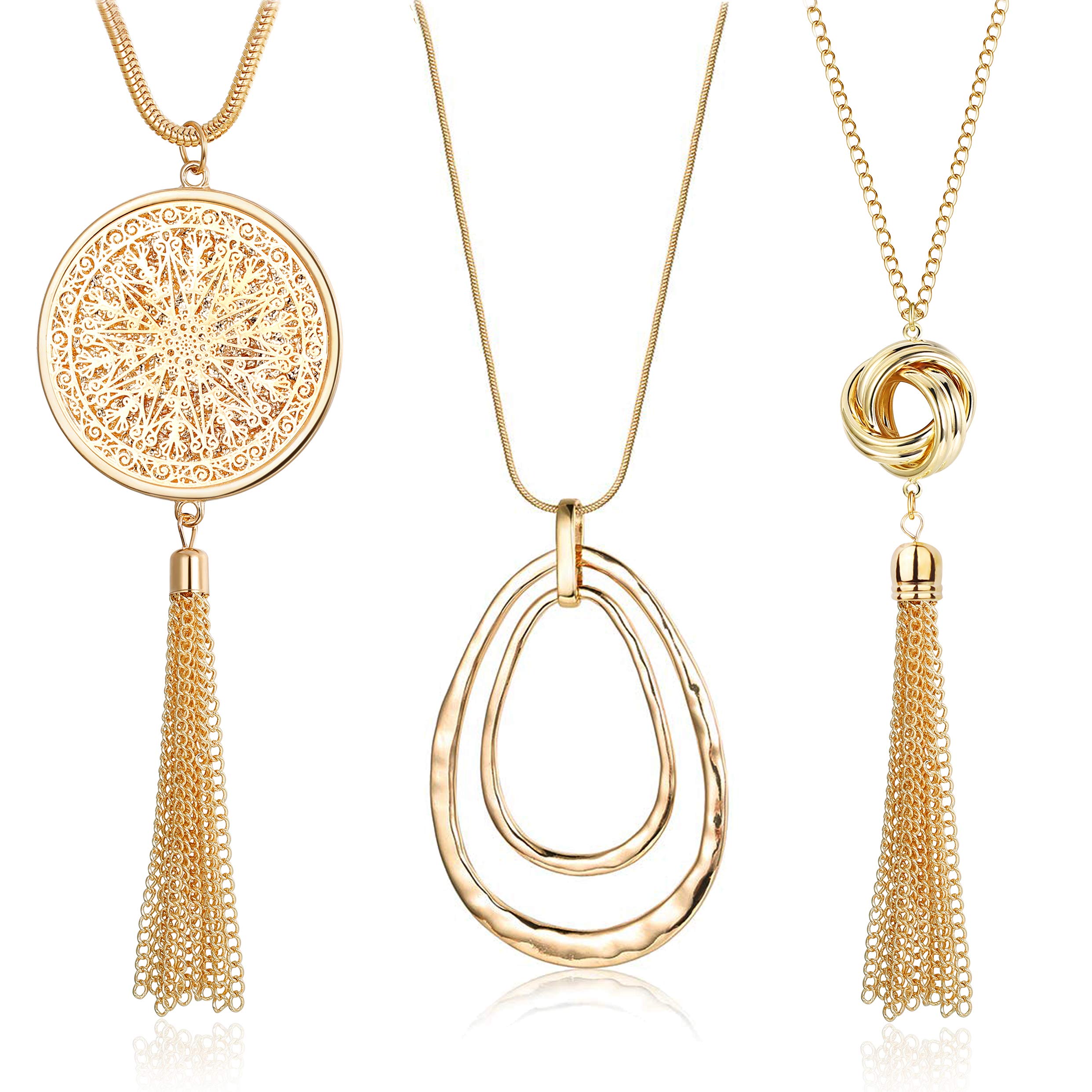 FUNRUN JEWELRY3PCS Long Pendant Necklace for Women Circle Knot Tassel Necklace Sweater Chain Statement Necklace Set