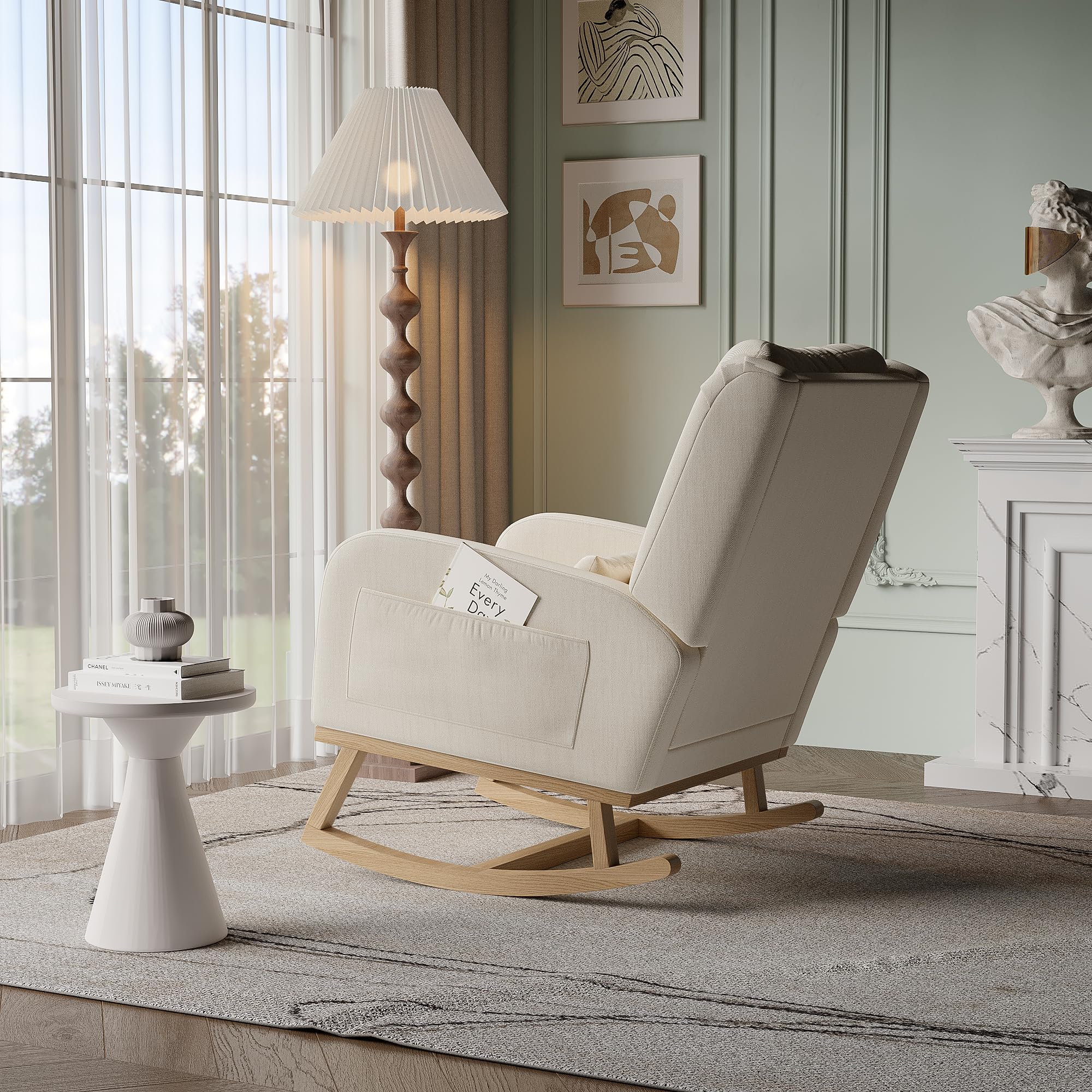 Chaise à Bascule Fauteuil Bascule Scandinaves, Allaitement Fauteuil, Scandinave Chaise Loisir et Repos en Tissu avec Pieds en E' Bois Métal pour Salon, Chambre, Beige