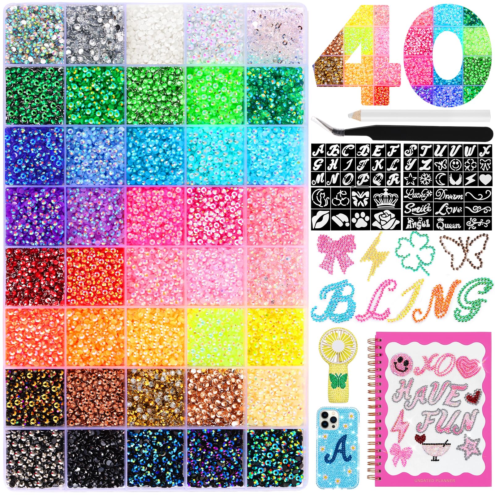 Zefy 40000 Pcs 40 Colors Rhinestones for Bedazzling Kit with 4 Stencils
