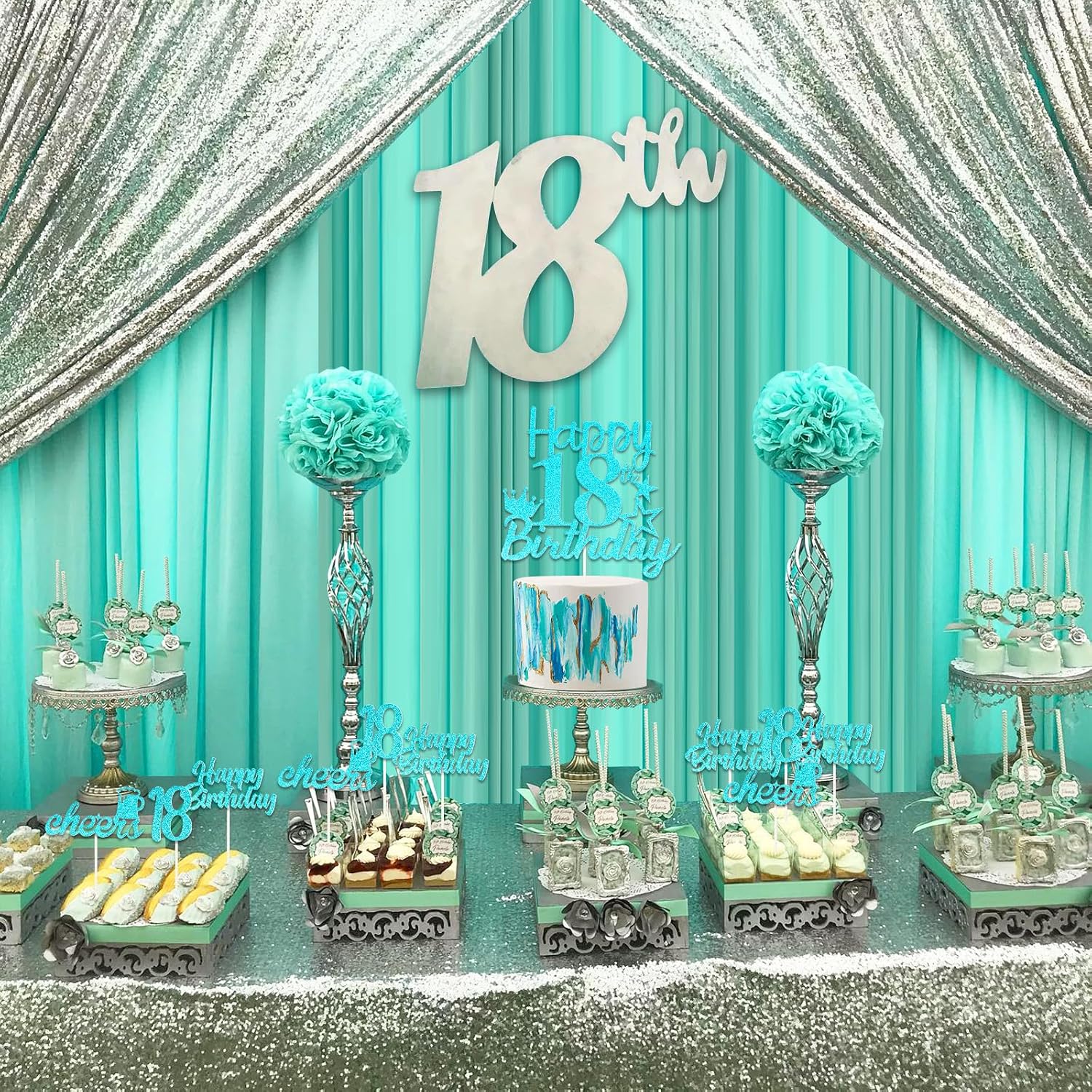 18th Birthday Cake Topper Teal Blue 18 Pack, Happy 18th Birthday Cake Picks Sticks, Cheer to 18 Cupcake Toppers for Girl, Eighteen Years Old Birthday Party Decorations Supplies