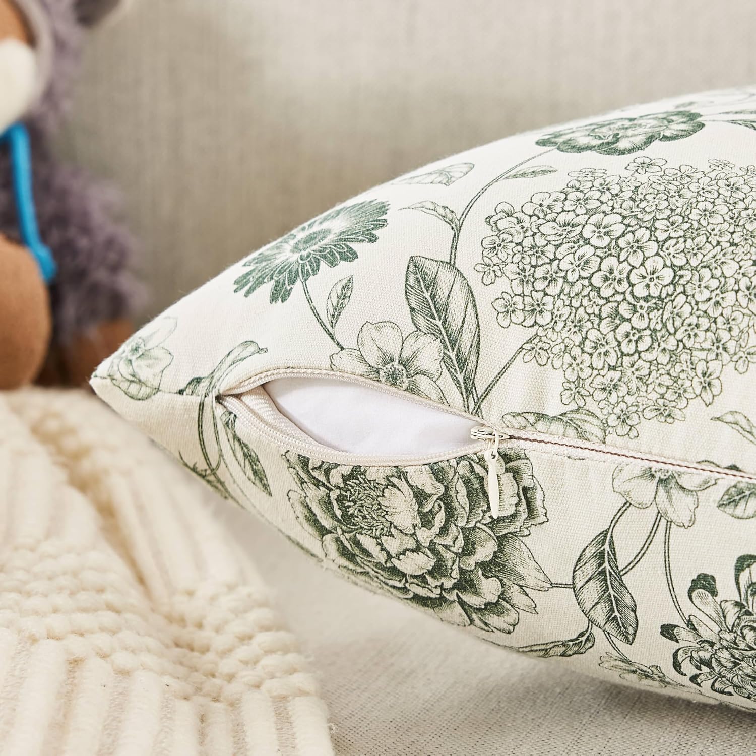 100% Cotton Botanical Throw Pillow Covers Set of 2, 20x20 Inch Olive, Farmhouse Double-Sided Floral Print Decorative Cushion Covers Pillow Cases Boho Home Decor