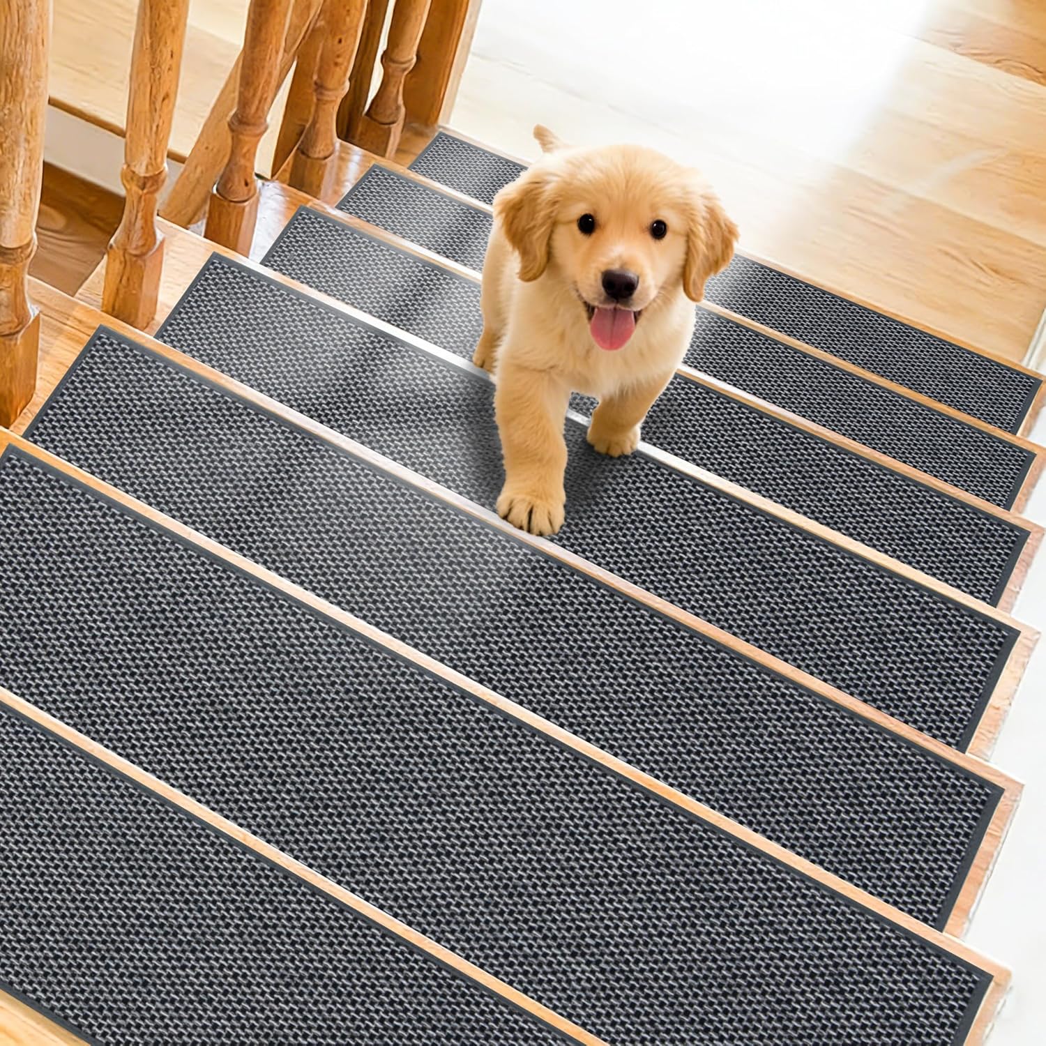 Art3d Stair Treads for Wooden Steps 15Pcs, 8" X 30" X 0.3" Non Slip Stair Runner Rugs with Reusable Adhesive for Elders Kids and Dogs, Machine Washable Peel and Stick Stair Treads Carpet, Black