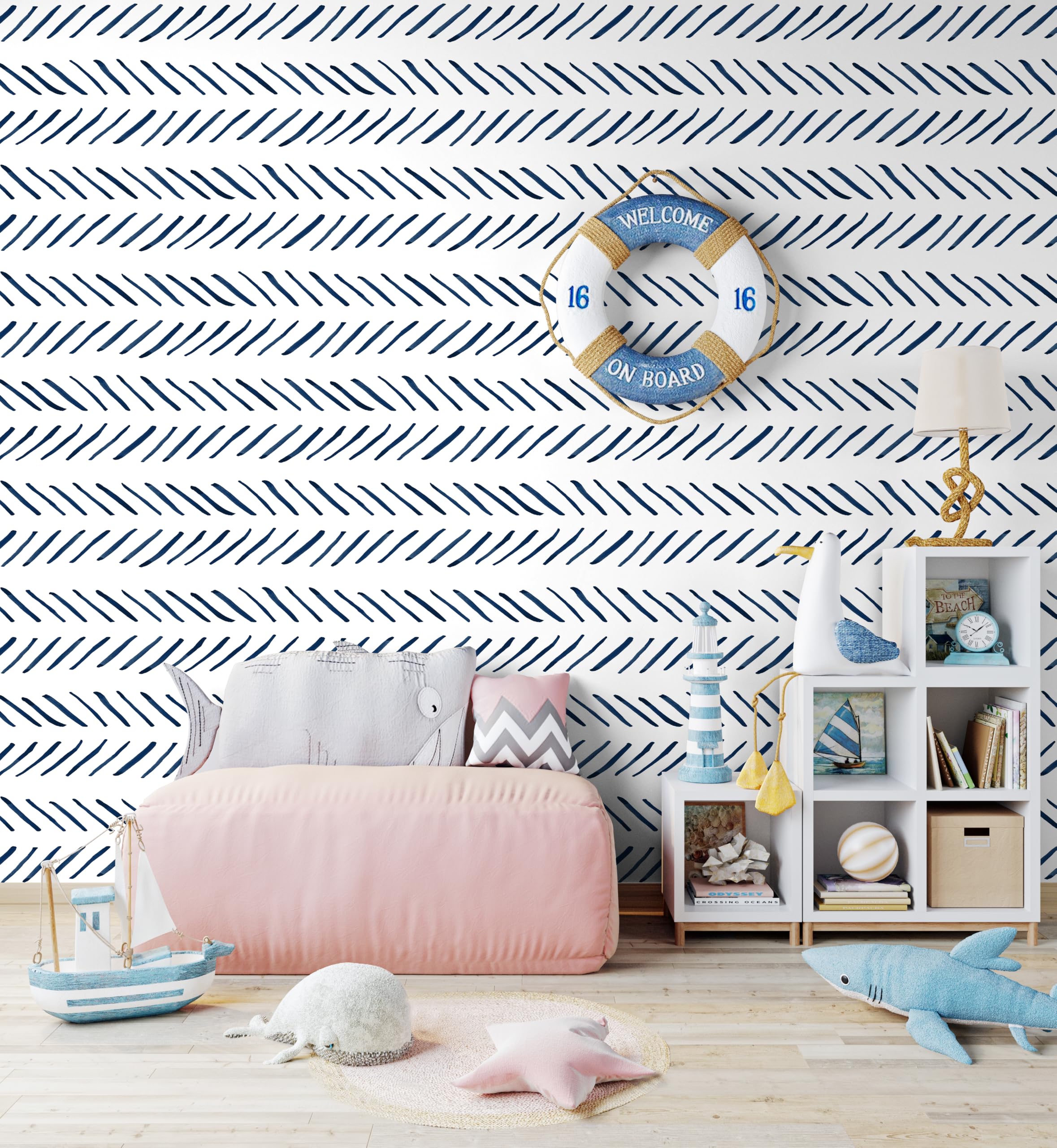 HaokHome 96101-1 Modern Brush Strokes - Papel pintado autoadhesivo de vinilo con diseño de rayas, color azul marino y blanco Chevron (17.7 x 33.7 pies)