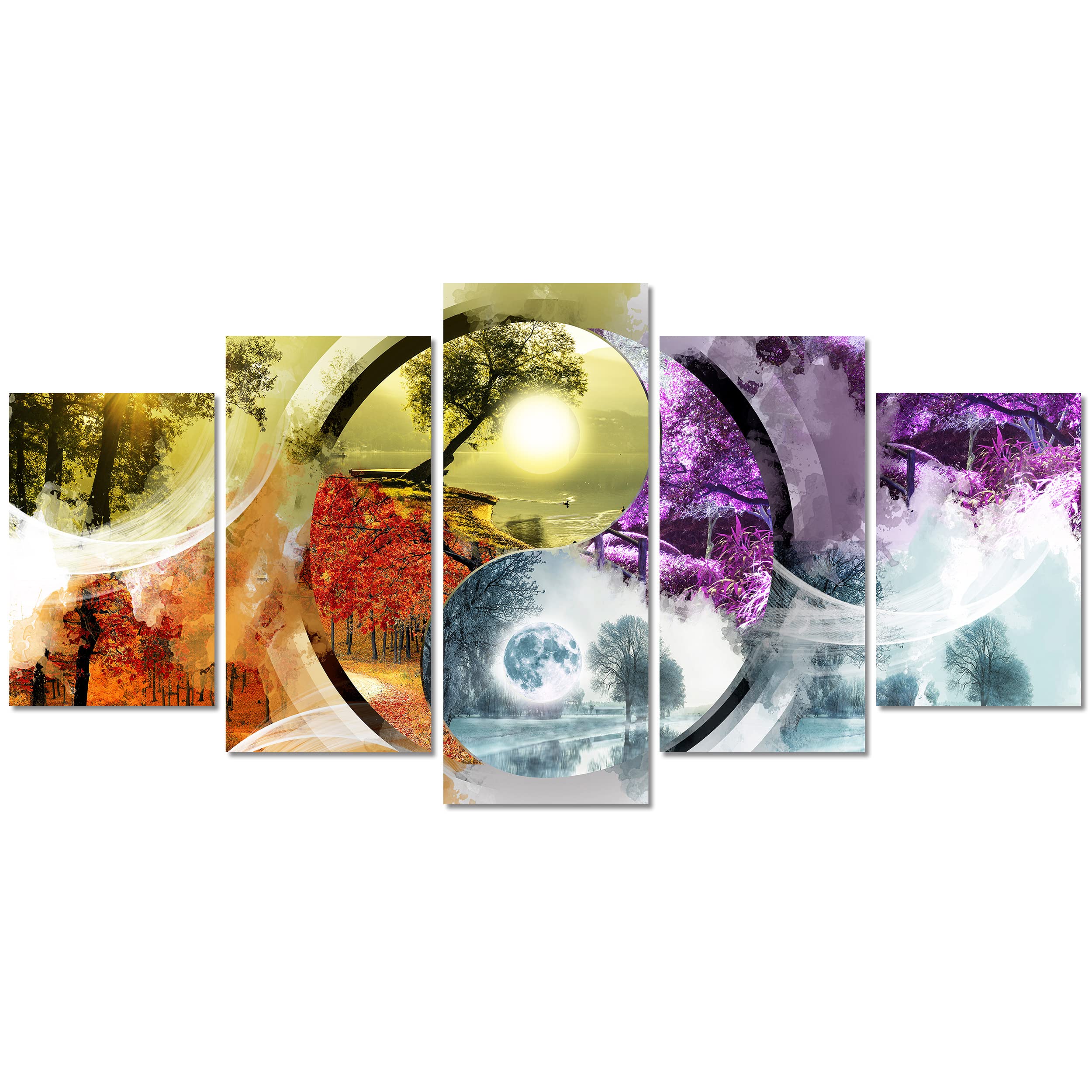 DekoArte - Cuadros Modernos Impresión Imagen Artística |5 Piezas 200x100cm | Lienzo Decorativo Para Tu Salón o Dormitorio | Estilo Paisaje Ying Yang Cuatro Estaciones Del Año XXL