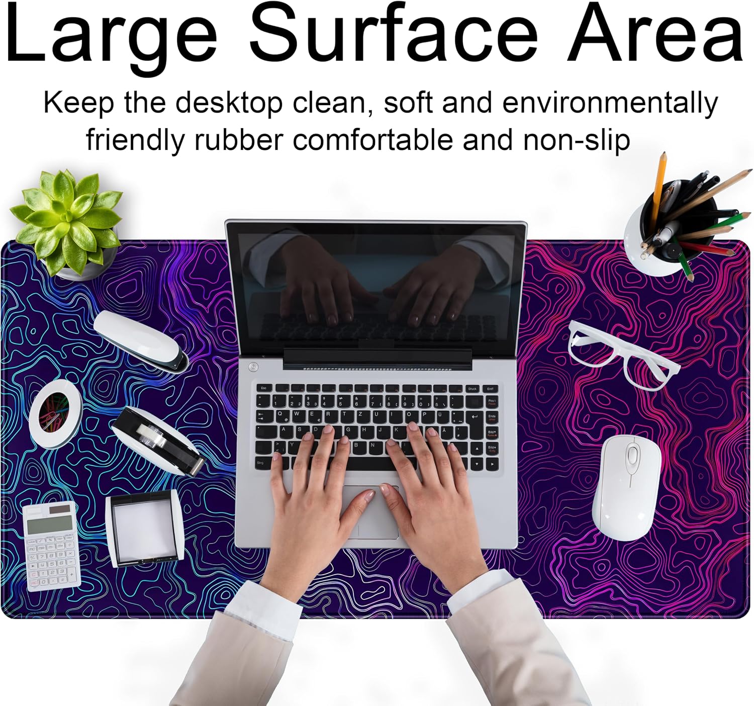 Blue Purple Desk Pad Topographic Map Desk Mat XXL Large Extended Gaming Mouse Pad Computer Mat, Laptop Keyboard and Mouse Mat, Office Decor Non-Slip Mousepad with Stitched Edge, 31.5''x15.7'' image 4