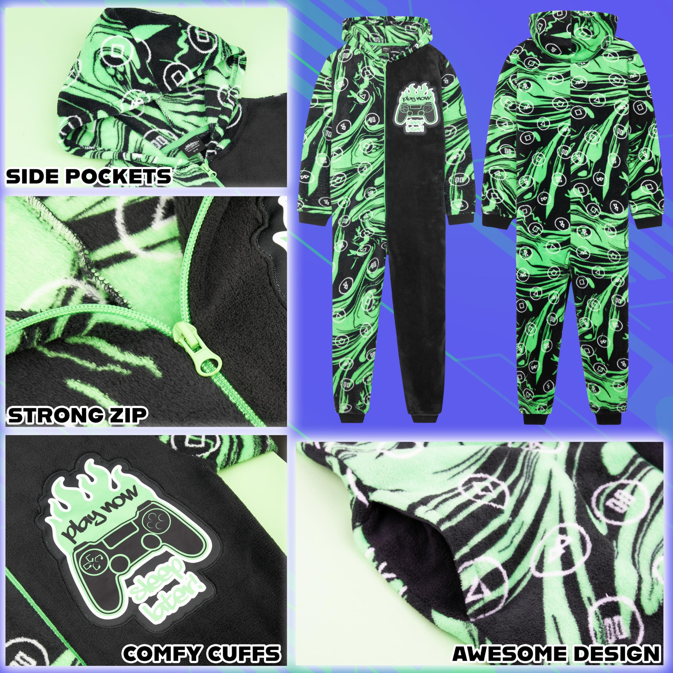 Get Trend Grenouillère Polaire Garçon et Ado, Pyjama Chaud à Capuche, Tenue Cocooning Football ou Gaming, Idée Cadeau