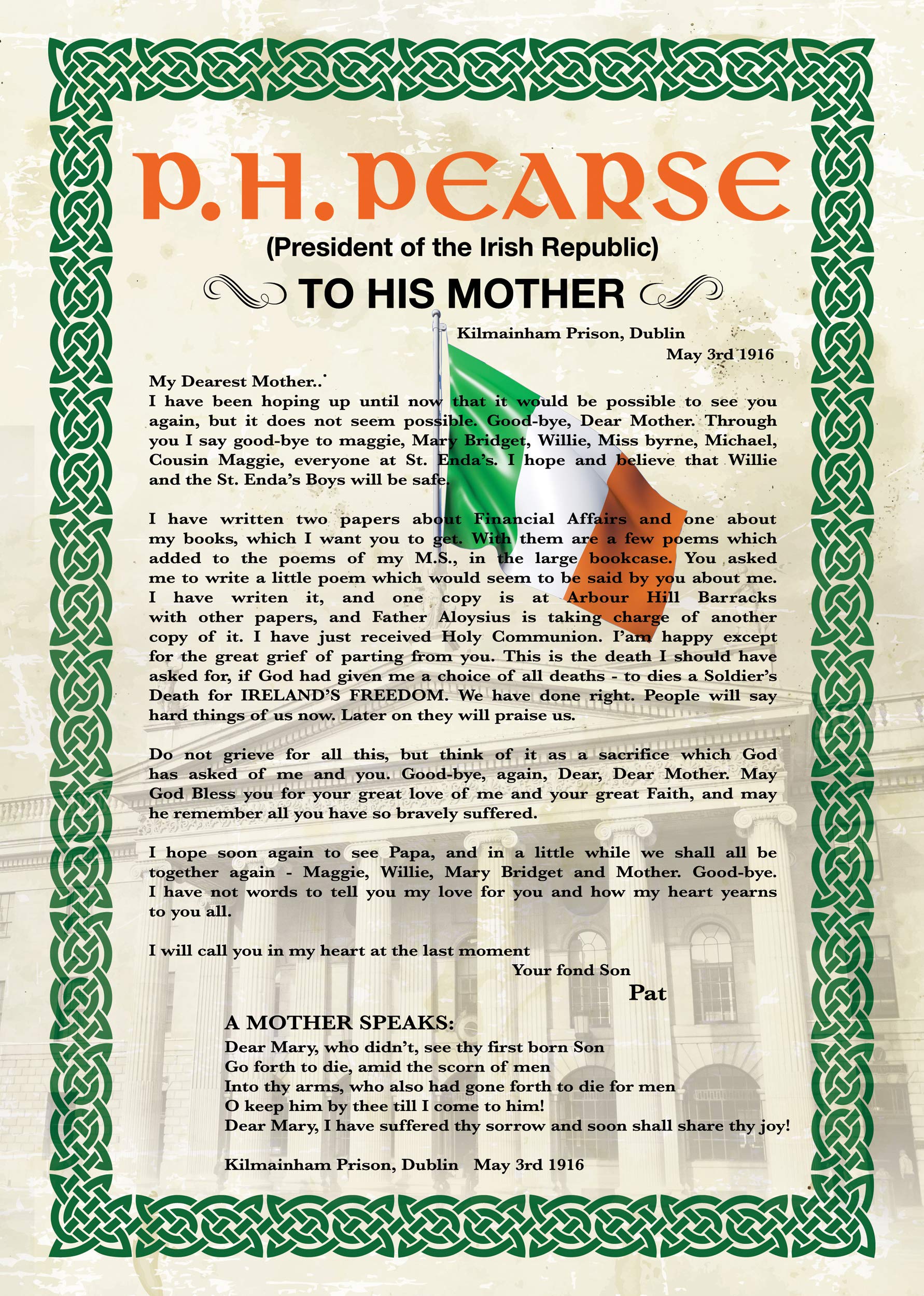 Exclusive A4 Poster - Patrick Pearse (Pádraig Anraí Mac Piarais) Letter to his Mother, 3rd May, 1916