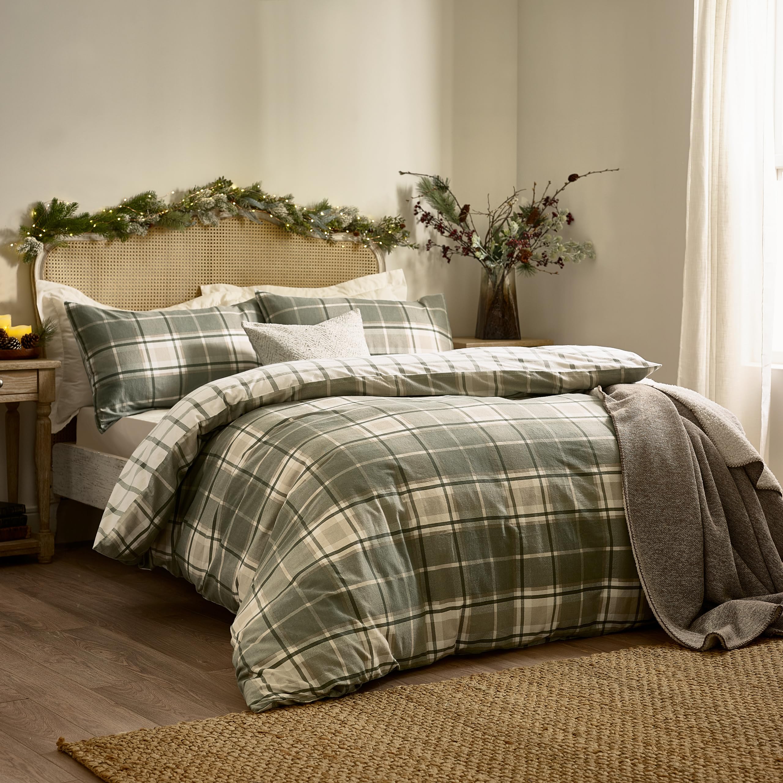 Ropa de Cama a Cuadros Wylder Nature Braemar: algodón Cepillado Suave, Reversible y con Cierre de Botones (Verde/Natural - tamaño King)