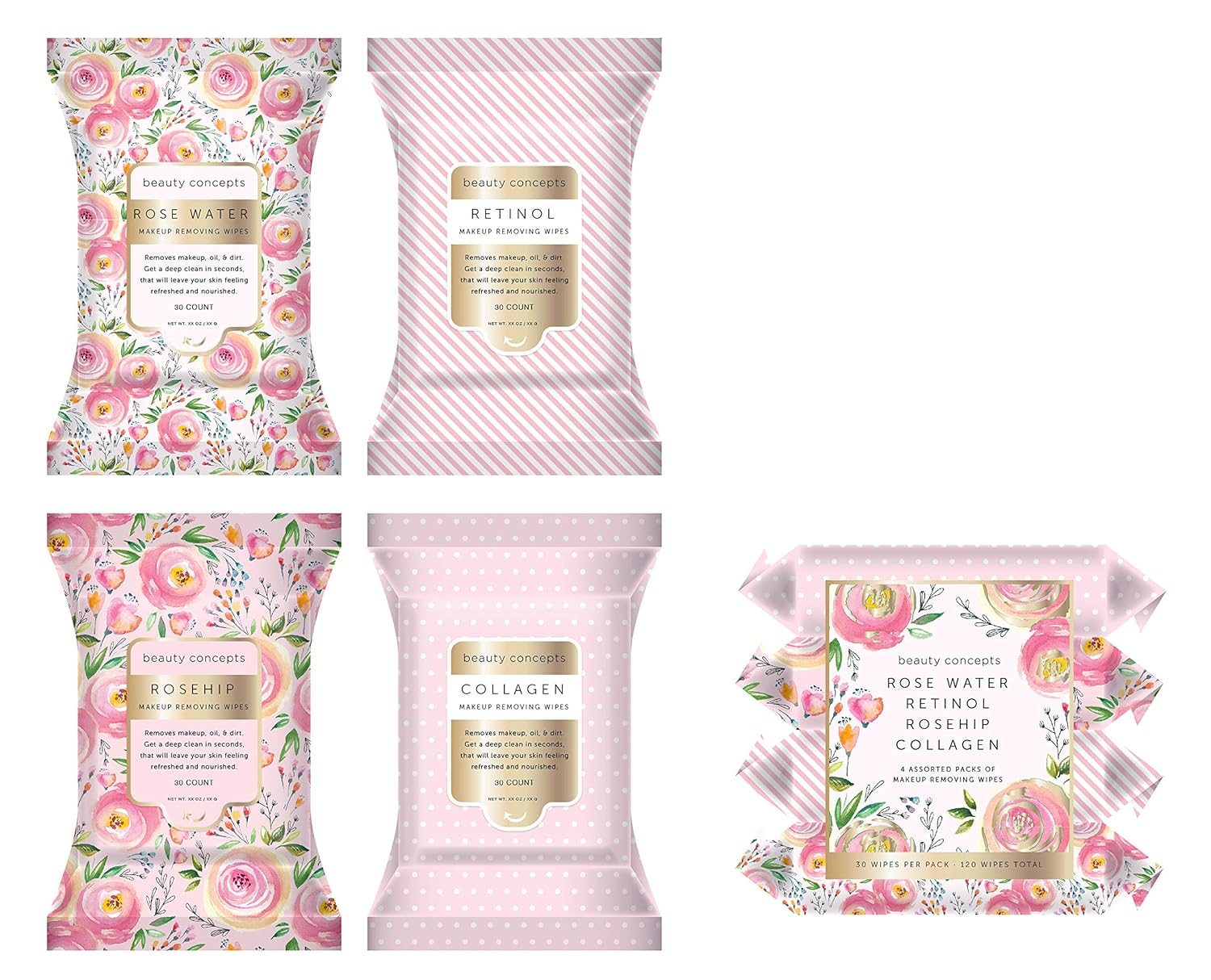 Beauty Concepts Facial Wipe Set- 4 Packs of Face Wipes, Makeup Removing Wipes with Rose Water, Retinol, Rosehip, and Collagen, Pink Floral Package : Beauty & Personal Care