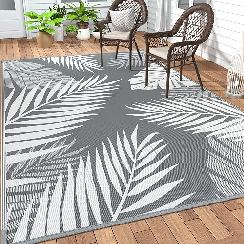 GENIMO Outdoor Rug, Waterproof Plastic Rugs 10'x14' for Camping Grey White