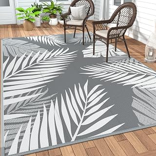 GENIMO 5x8 Waterproof Reversible Outdoor Rug for Patio RV Camping Deck - Grey White Palm Leaf