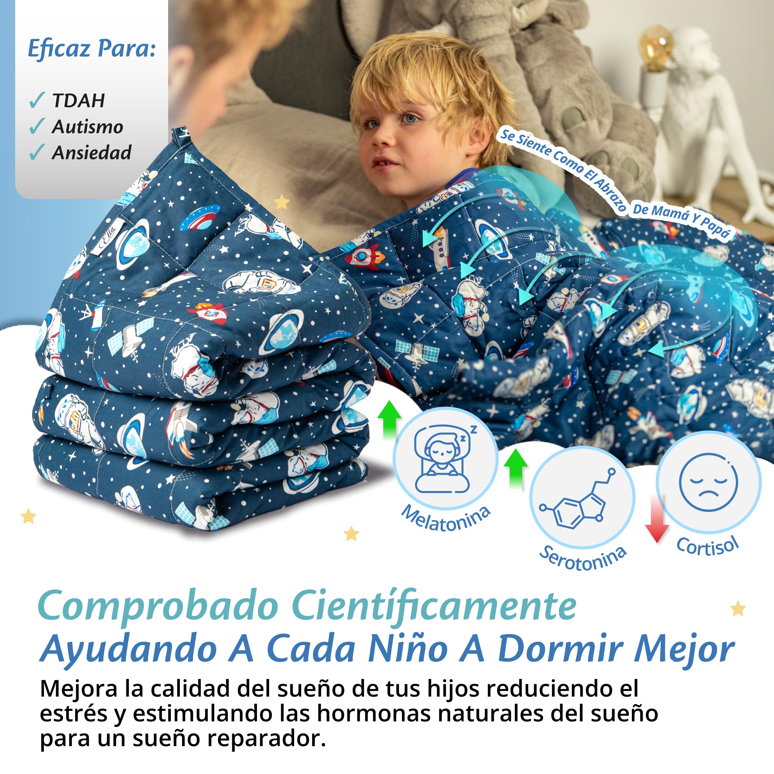 Ella Manta Pesada para Niños 2,4 kg 90x120 cm – Manta Terapéutica, para Reducción de Estrés y Ansiedad, Perlas de Vidrio Hipoalergénicas, Capa Exterior de Algodón Suave y Refrescante, para Niños de 15