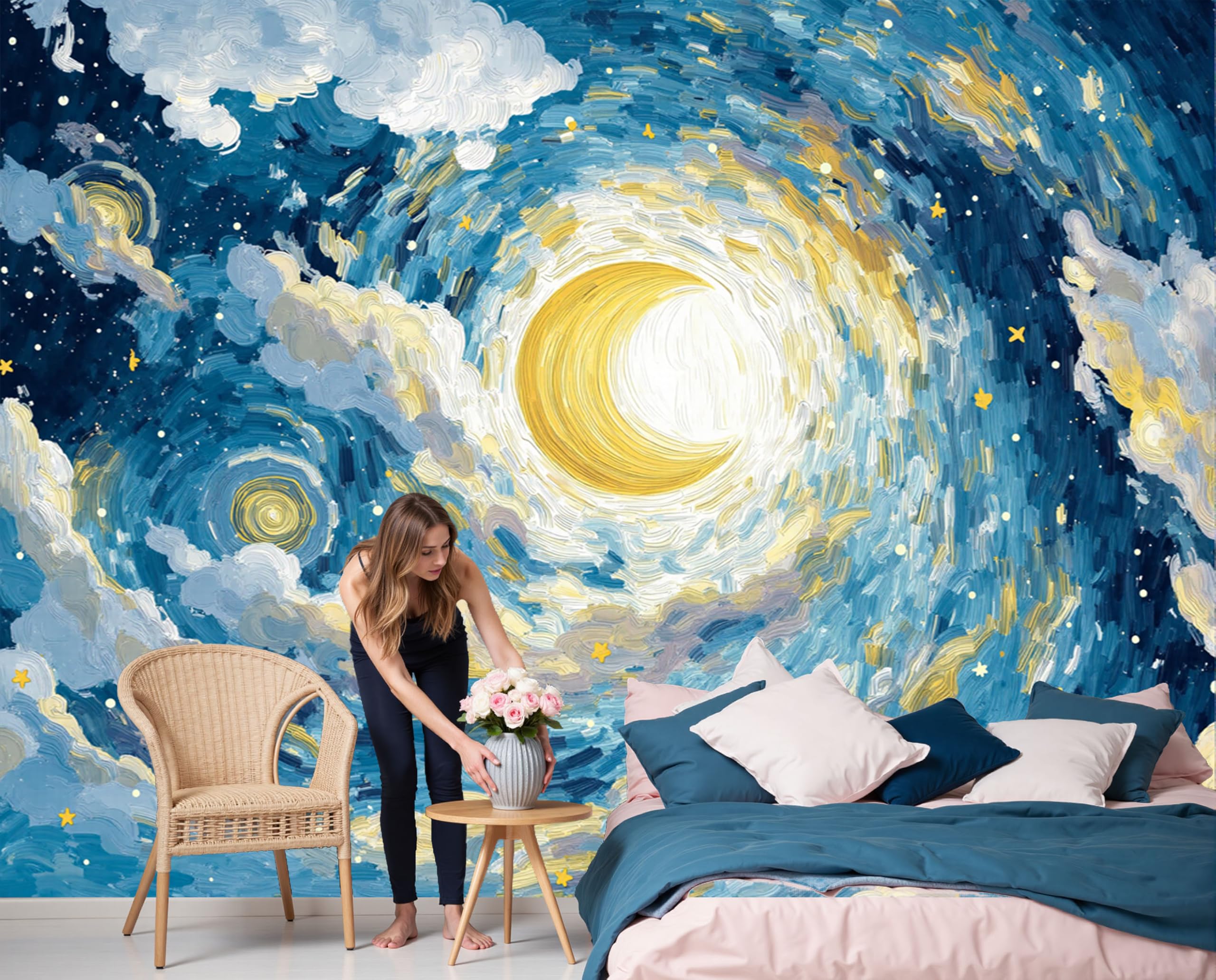 Papier peint bleu marine lune abstrait 450x315cm pour décoration photo murale salon