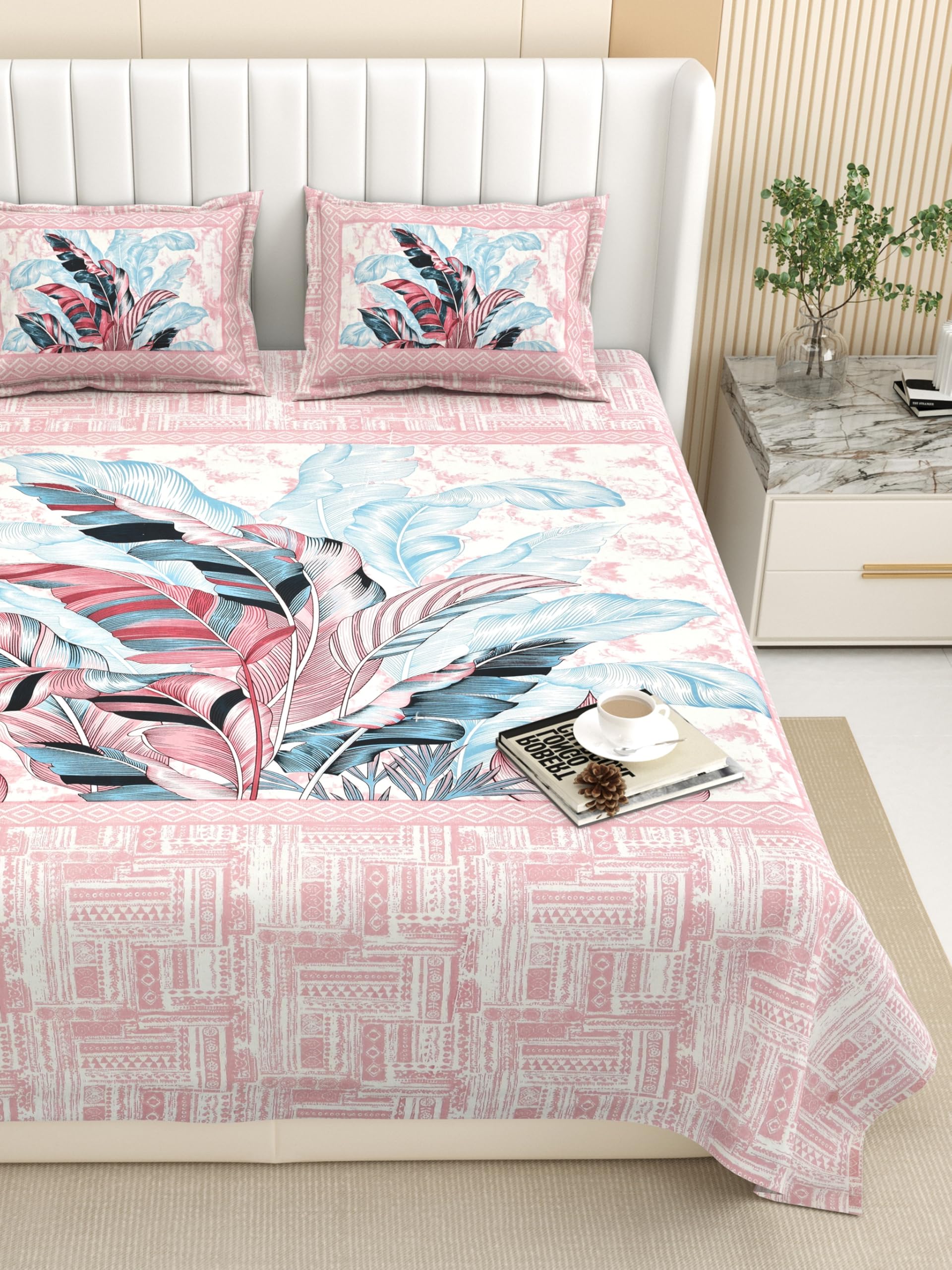 Bella Casa Peach Cotton Double King Size Bedsheet with 2 Pillow Covers - Ethnic Collection-image-47