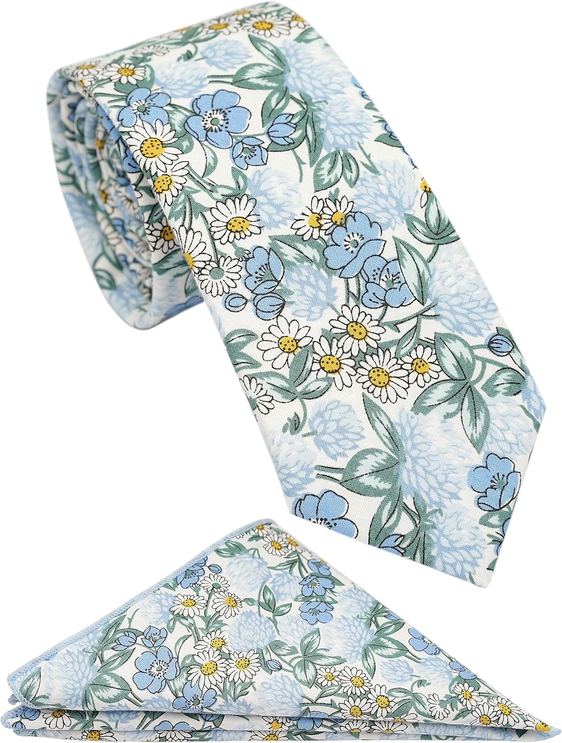 Mens Casual Skinny Floral Tie Combo Set with Flower Pocket Square 2½" Cotton Necktie Hand Made