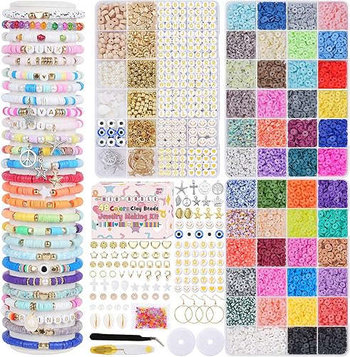 Kit de cuentas de arcilla para hacer pulseras, 48 colores, cuentas de arcilla suave, joyería preclasificada, manualidades, regalo creativo y