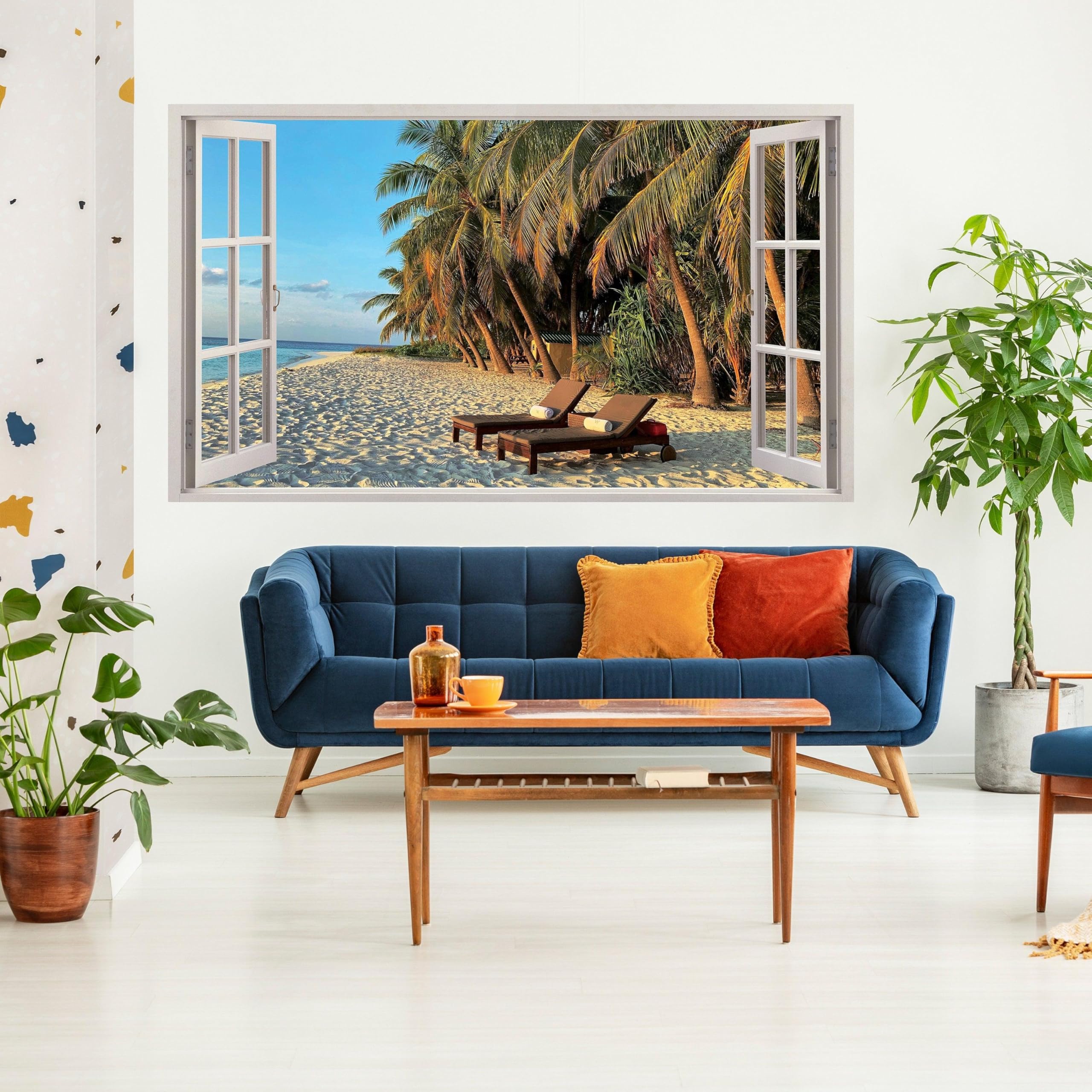 Adhesivo de pared 3D con ventana y vista a la playa, removible para dormitorio, escena del océano, vinilo para habitación, 63 x 38 pulgadas, muestra 1