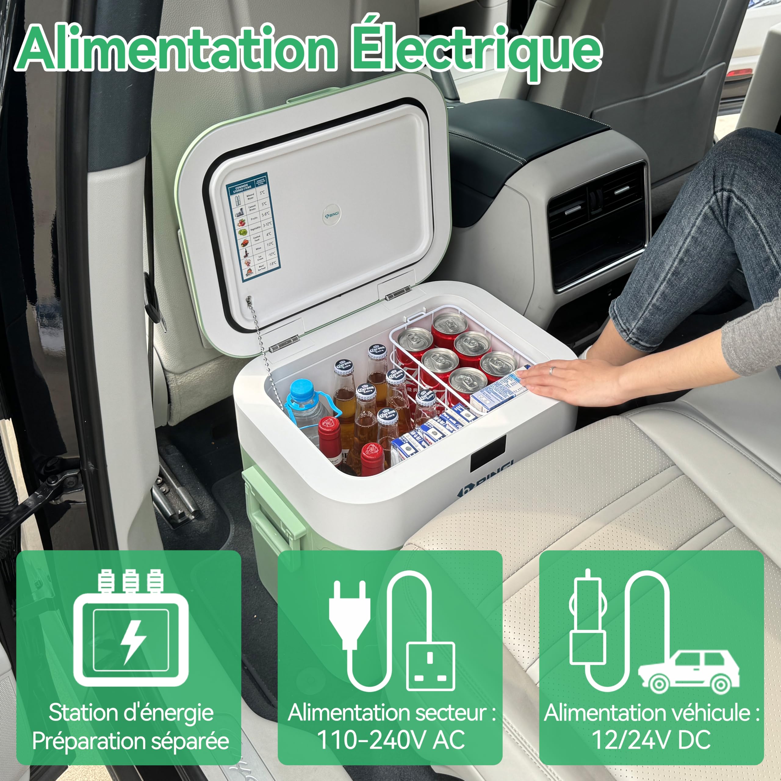 BINGI Glacière Electrique Voiture 22L à Compression Refroidissement Rapide -18°C 12V/24V/220V Portable Camping