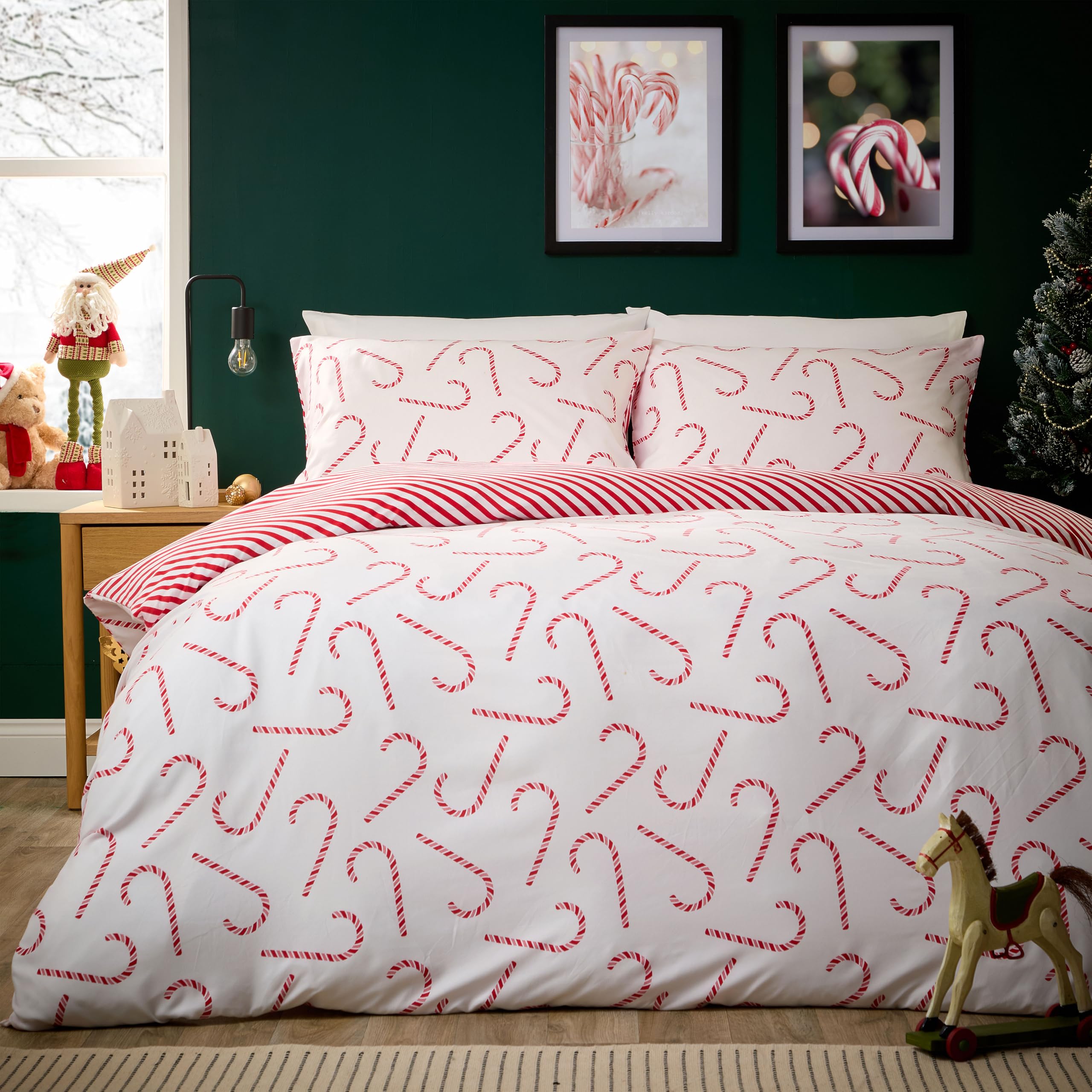 Olivia Rocco Christmas Duvet Cover Set Festive Bedding Quilt Cover Xmas with Pillowcases Reversible Design Easy Care Bed Linen Sets, Candy Cane Red, Double