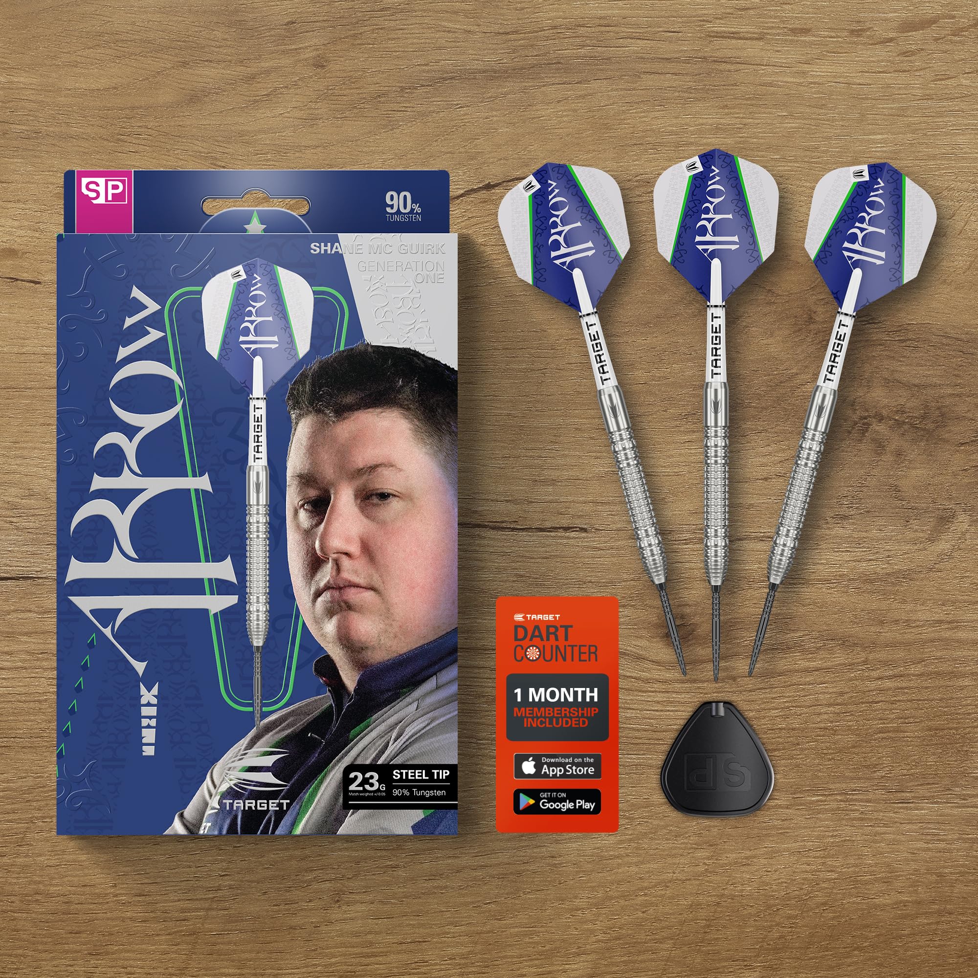 Target Darts Shane MC Guirk Generation 1 Swiss Point Jeu de Fléchettes à Pointe en Acier, 23G | Fléchettes Player Edition G1 90% Tungstène, Ailettes Pro Ultra NO.6, Manches Pro Grip Tag et Outil SP