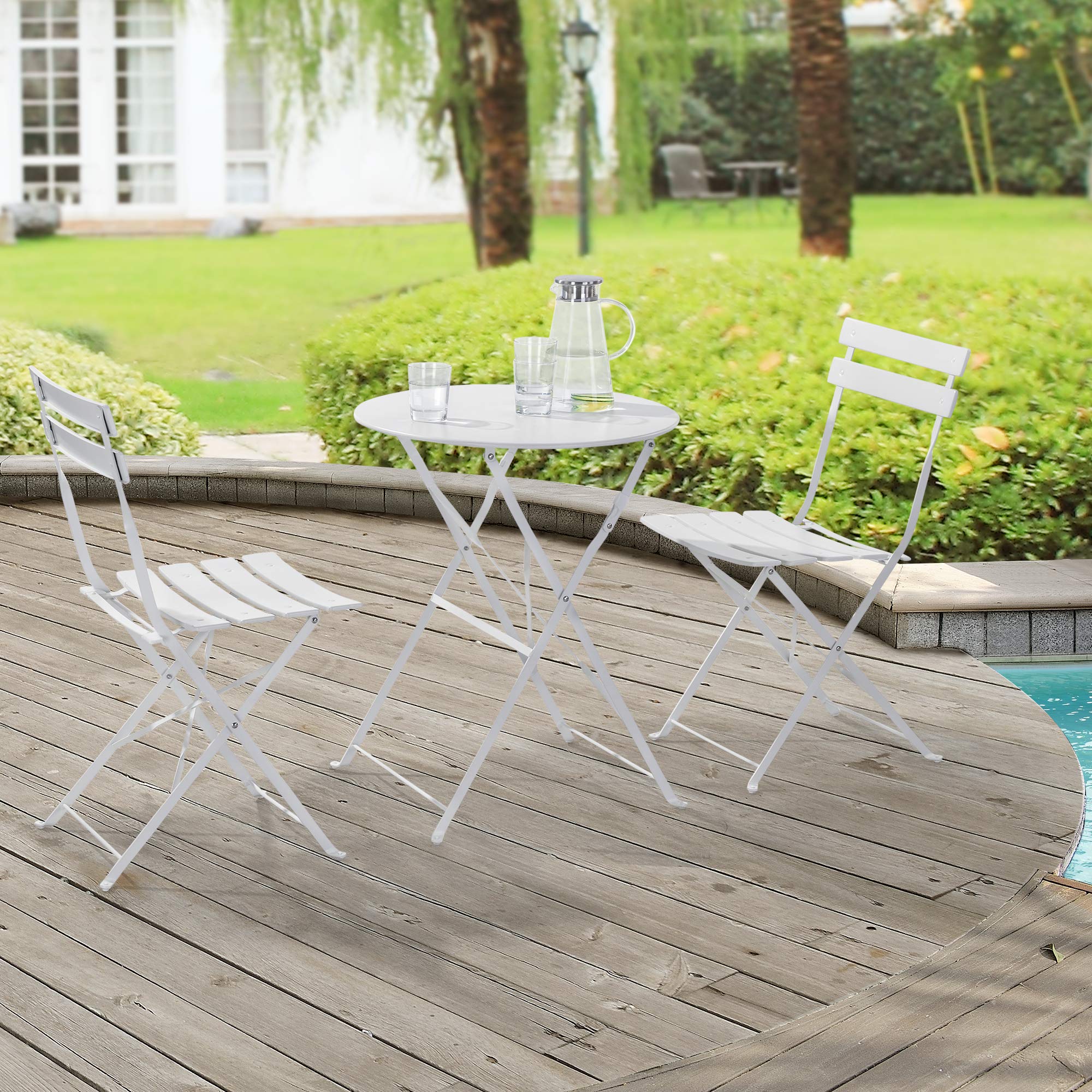 [en.casa] Conjunto Mesa y Sillas Jardín Caprile Juego de Bistró 3 Piezas Mesa de Centro con 2 Sillas Plegables para Terraza Balcón Patio 71 x 60 cm Acero - Blanco