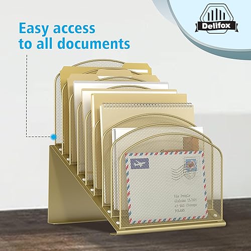 Vista 14 de Organizador de archivos de escritorio inclinado, soporte vertical de 5 secciones, soporte de metal clasificador de archivos para oficina y aula