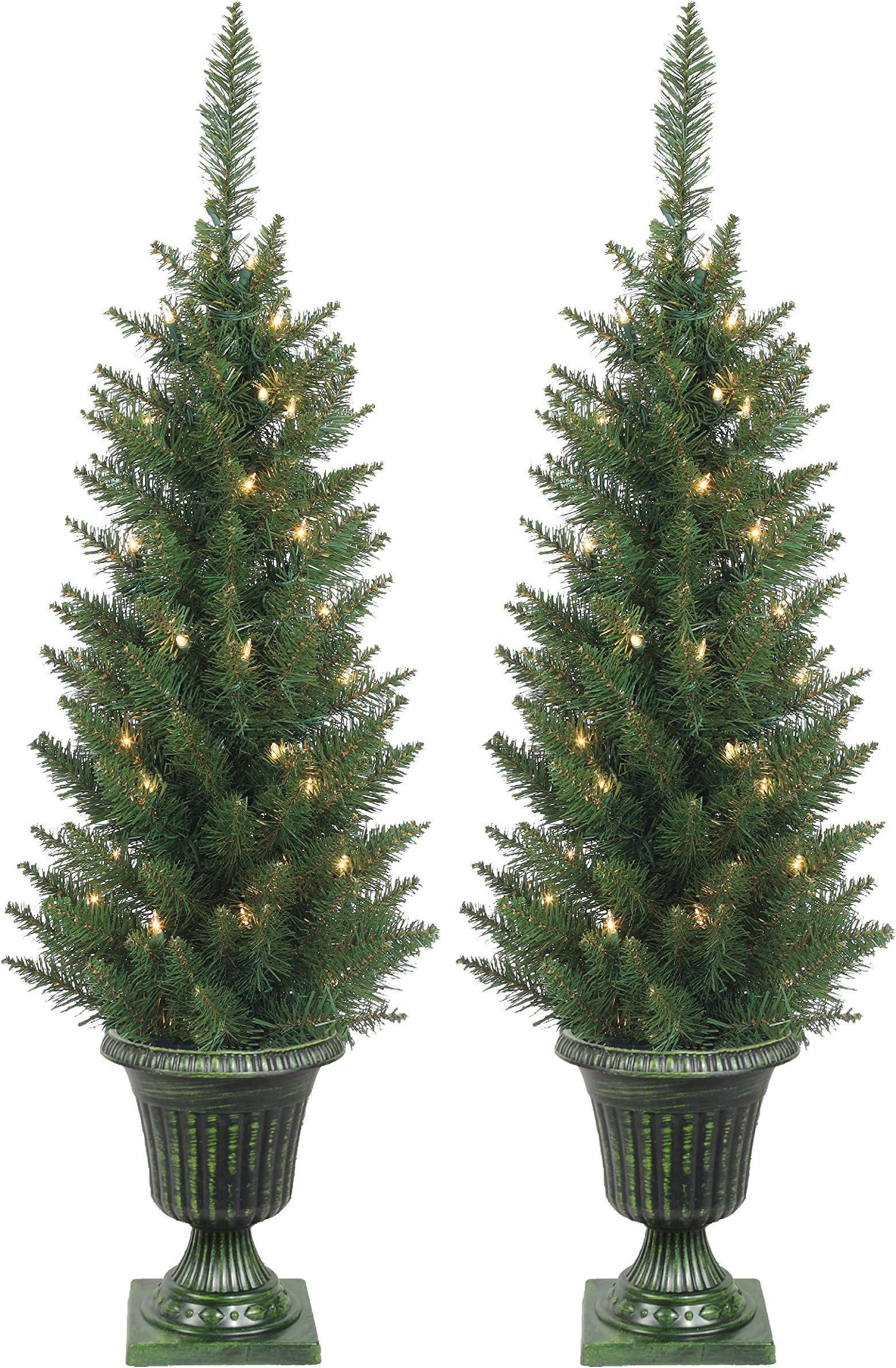 Set of 2 Lighted Pre-Potted 3.5 Foot Artificial Norway Pine Topiary Outdoor Indoor Trees - Set of 2 - Battery Operated with Timers