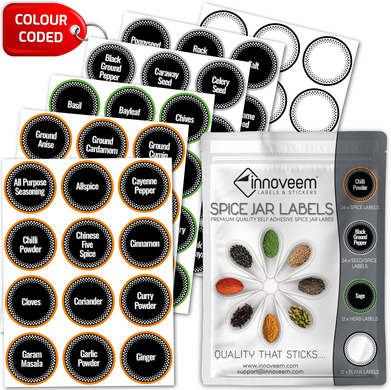 Spice Labels Stickers for Jars - 72 Herb and Spices Labels, 38mm Pre Printed Round Spice Rack Stickers | Easy to Read & Colour Coded for Seasoning and Kitchen Organisation by Innoveem