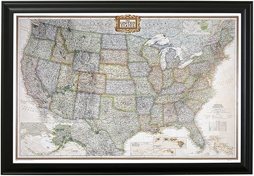 Mapa de estados unidos con alfileres, ejecutivo, con marco de 24x36 pulgadas., Negro, 24 x 36 pulgadas