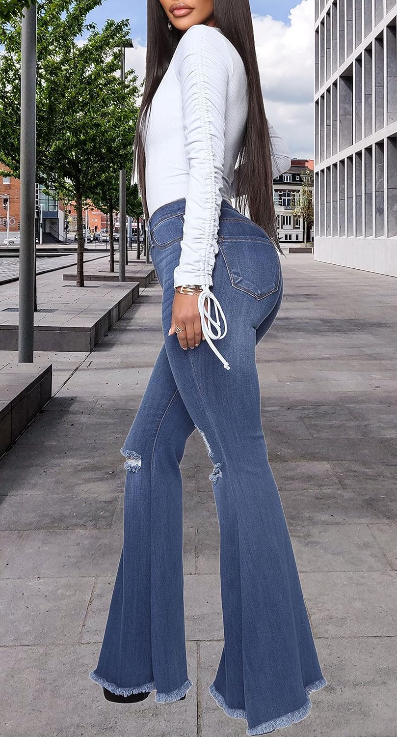 CutieLove Women's Ripped Jeans Bell Bottom Flare Jeans Mid Rise Destroyed Hem Denim Pants - Image 4