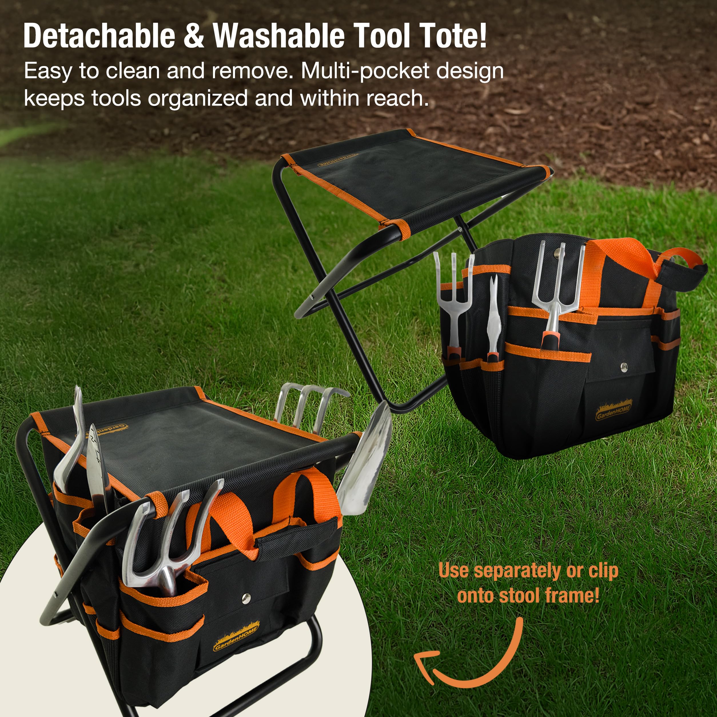 GardenHOME Set di attrezzi da giardino, set di attrezzi da giardinaggio da 7 pezzi, con sgabello pieghevole resistente e borsa per attrezzi da giardino rimovibile, regalo per donne uomini e bambini
