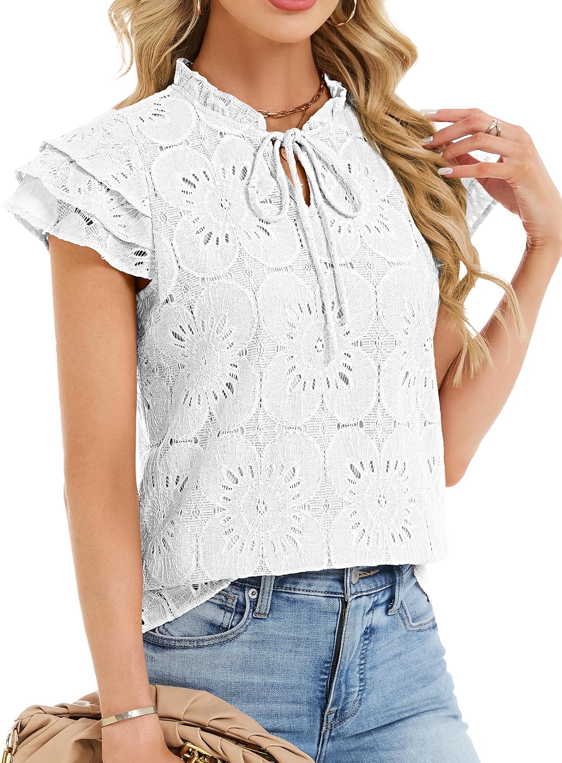 Funlingo Womens Summer Eyelet Tops Dressy Casual Ruffle Cap Sleeve Blouses Hollow Out Crochet Lace Embroidered Shirts
