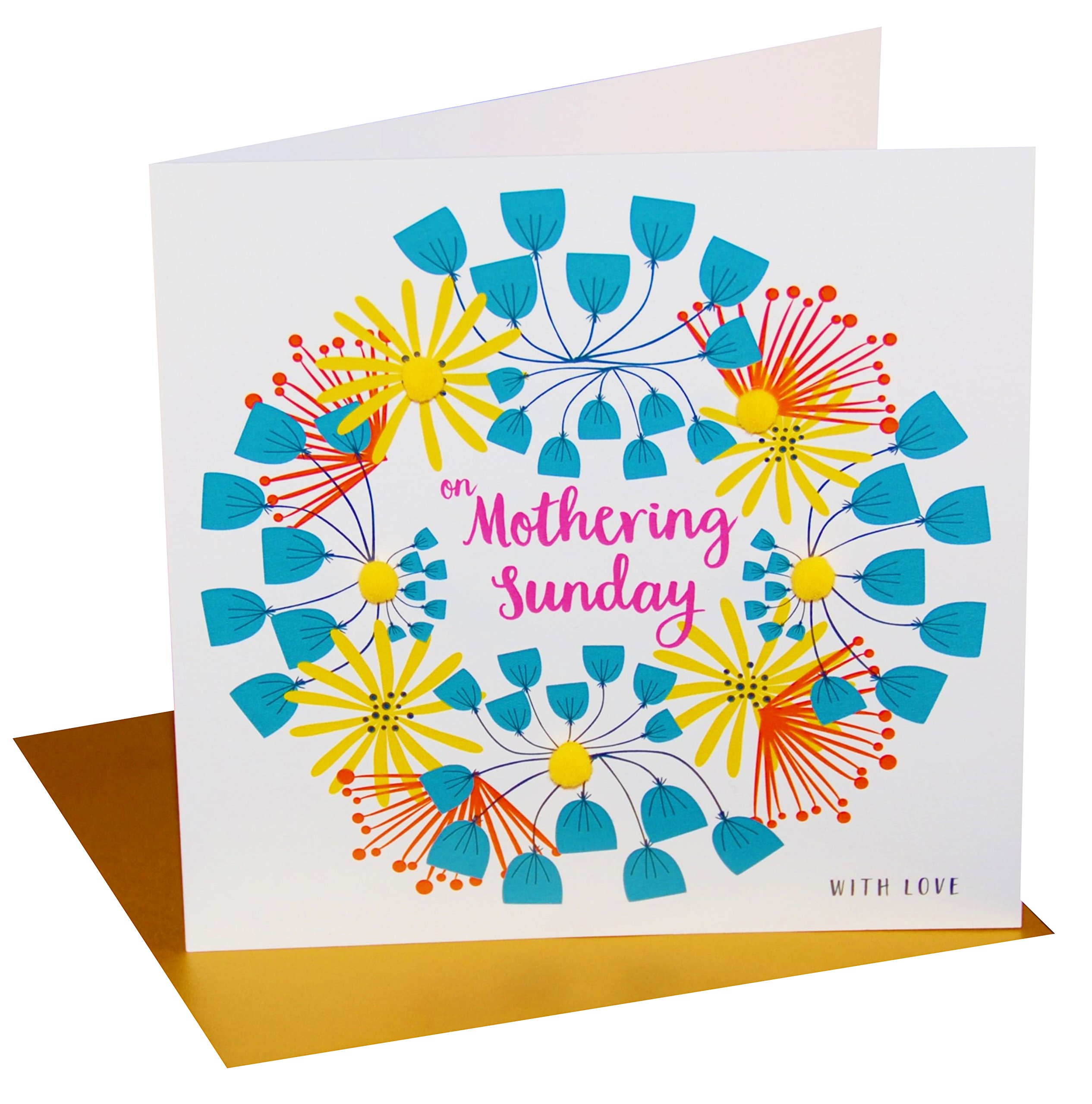 Claire Giles Greeting Cards, Happy Mother's Day Card, Flowers Wreath Design Mothering Sunday Card, Embellished with Colourful Pompoms